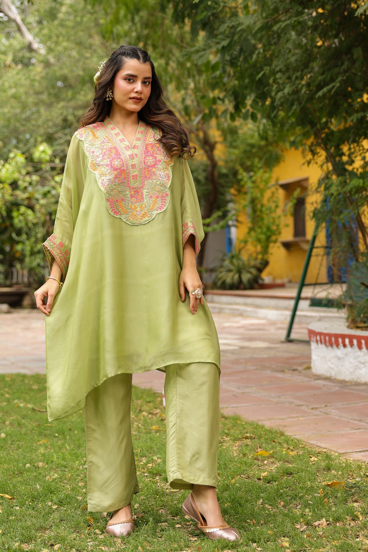 Green Organza Silk Embroidered Kaftan Set