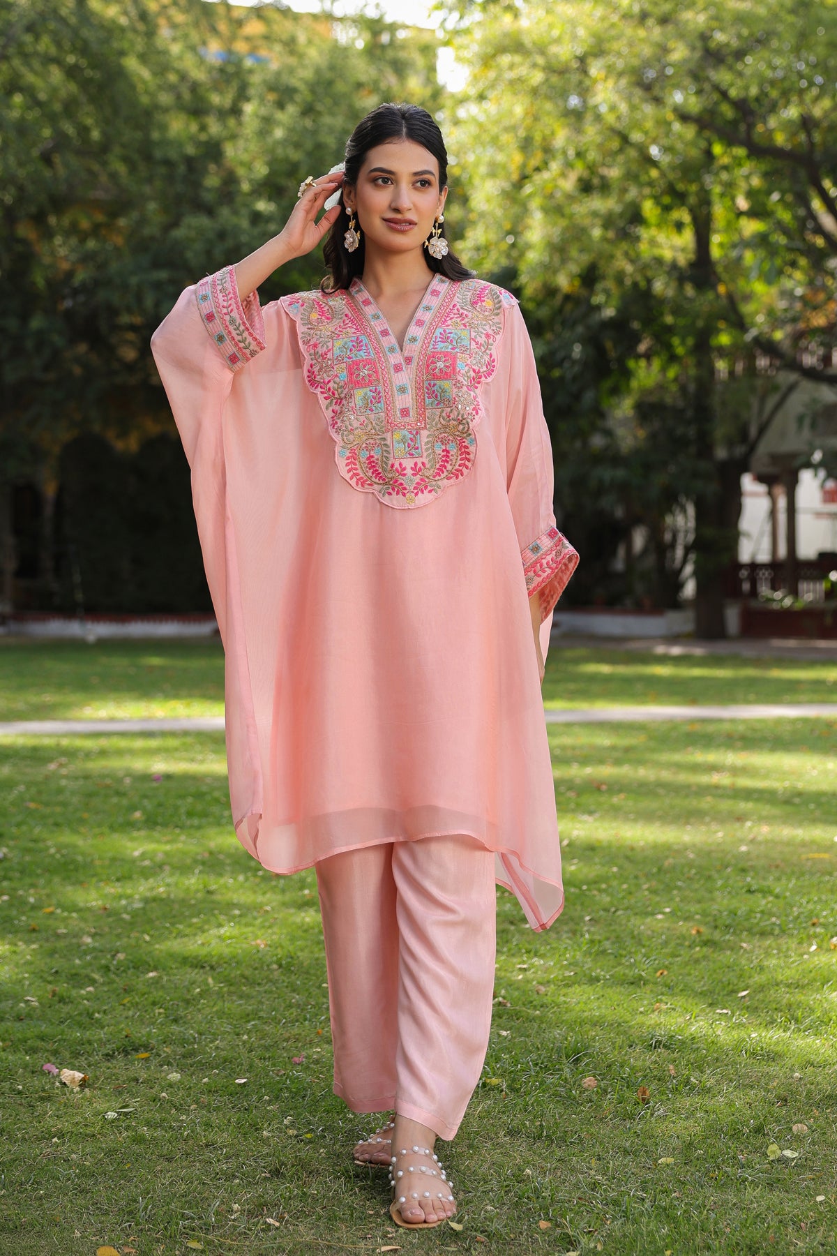 Peach' Organza Silk Embroidered Kaftan Set