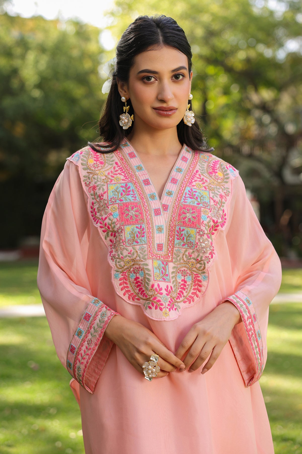 Peach' Organza Silk Embroidered Kaftan Set