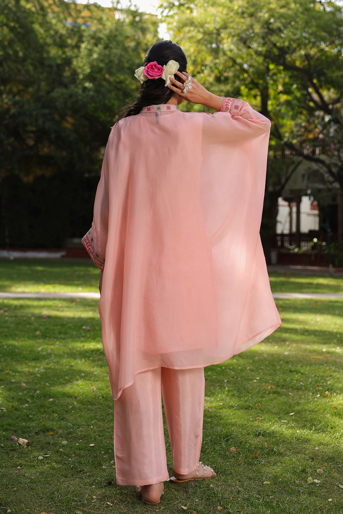 Peach' Organza Silk Embroidered Kaftan Set