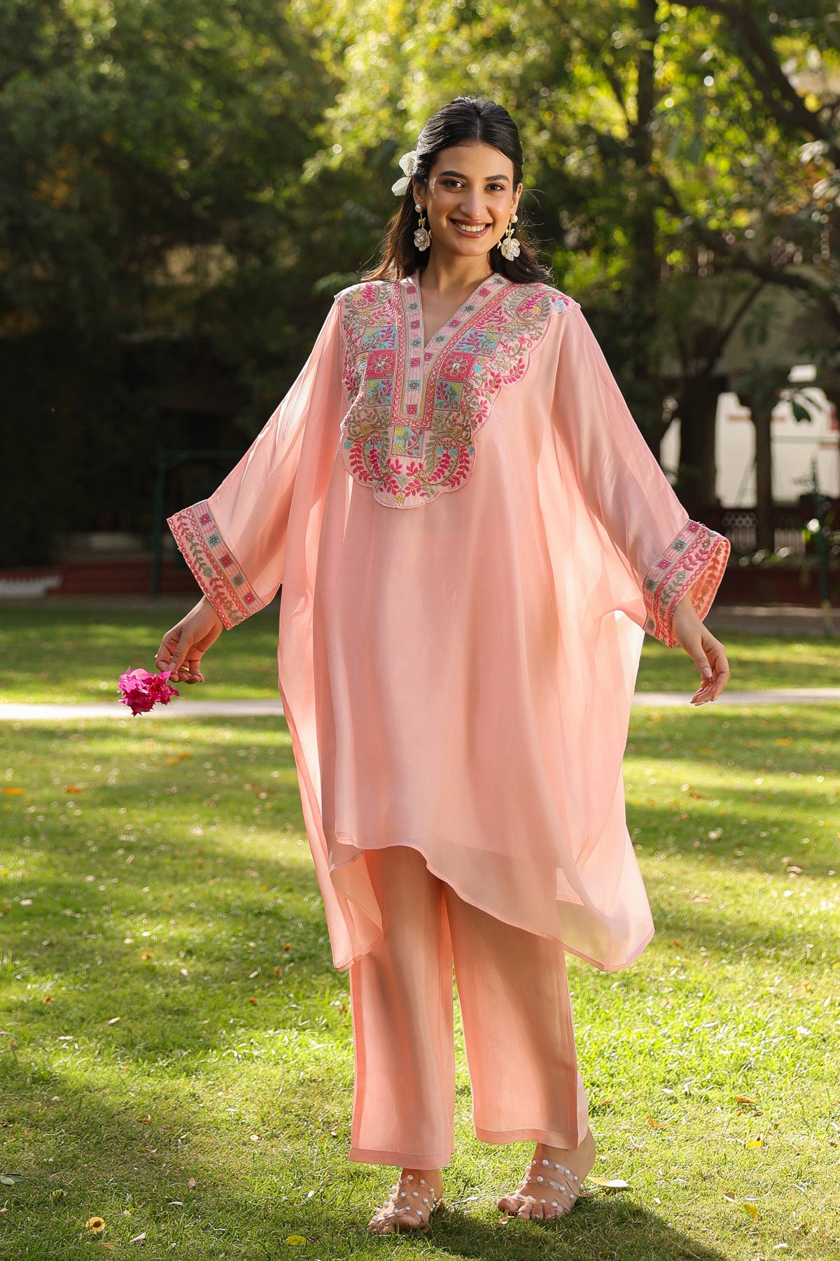 Peach' Organza Silk Embroidered Kaftan Set