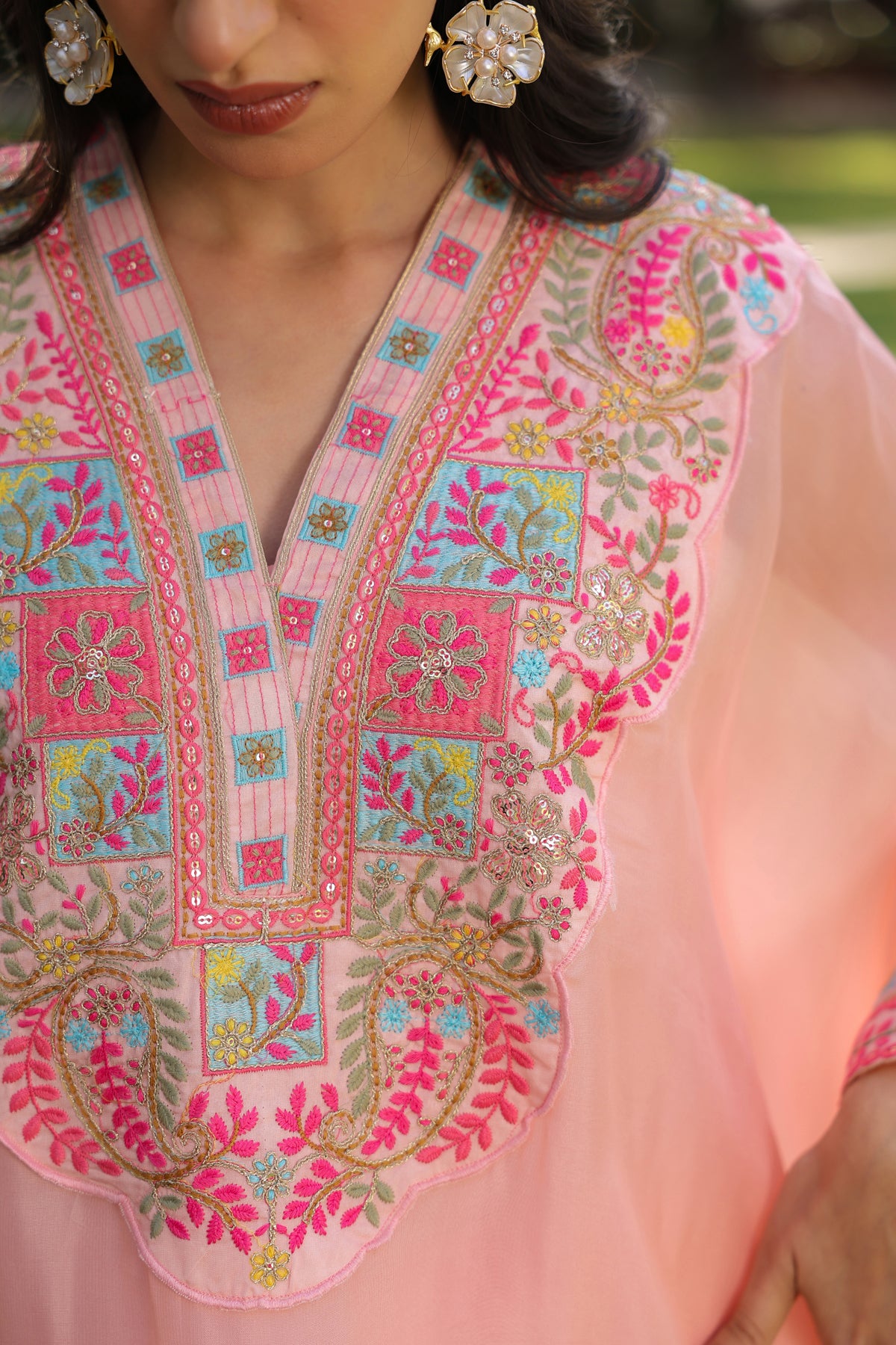 Peach' Organza Silk Embroidered Kaftan Set