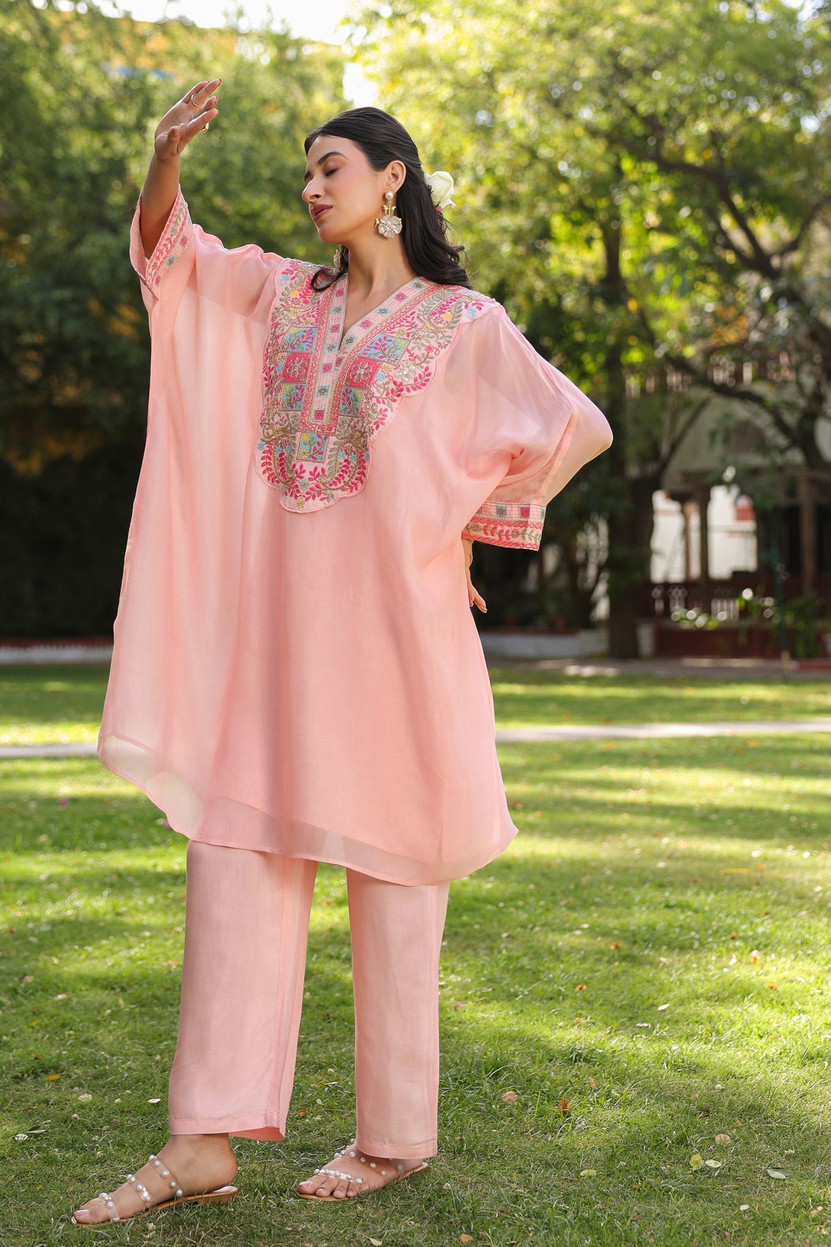 Peach' Organza Silk Embroidered Kaftan Set