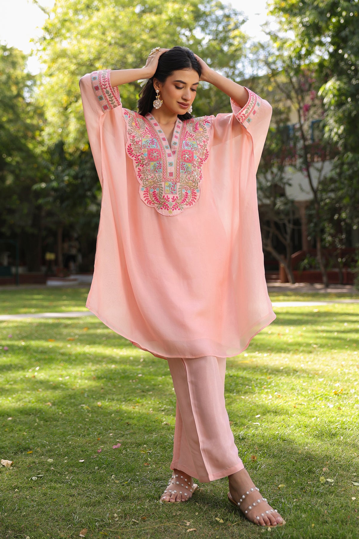 Peach' Organza Silk Embroidered Kaftan Set