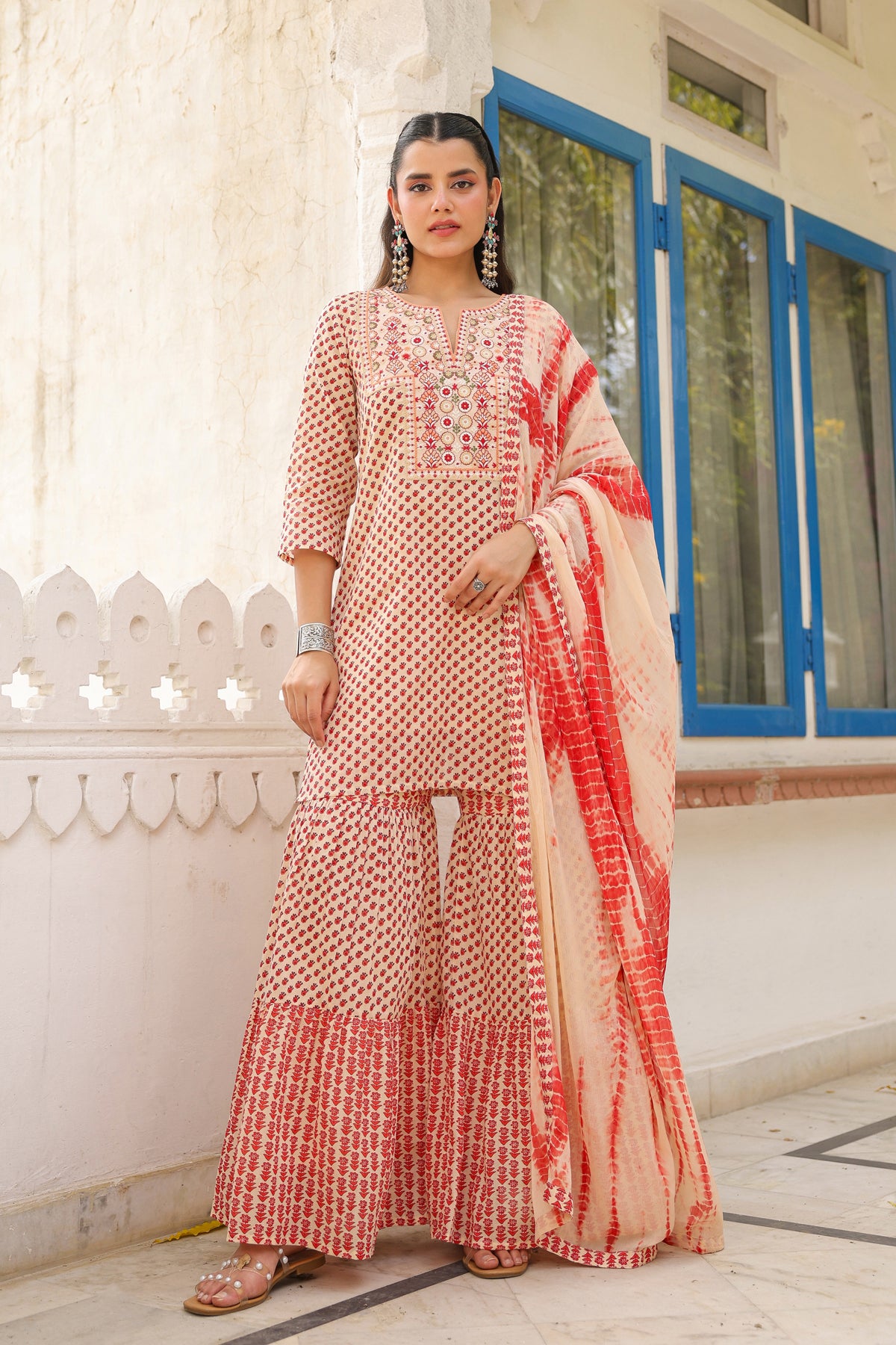Maroon Mulmul Printed-Embroidered Sharara Set