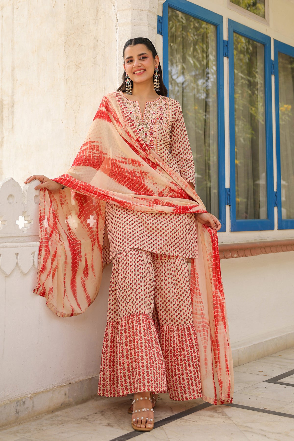 Maroon Mulmul Printed-Embroidered Sharara Set