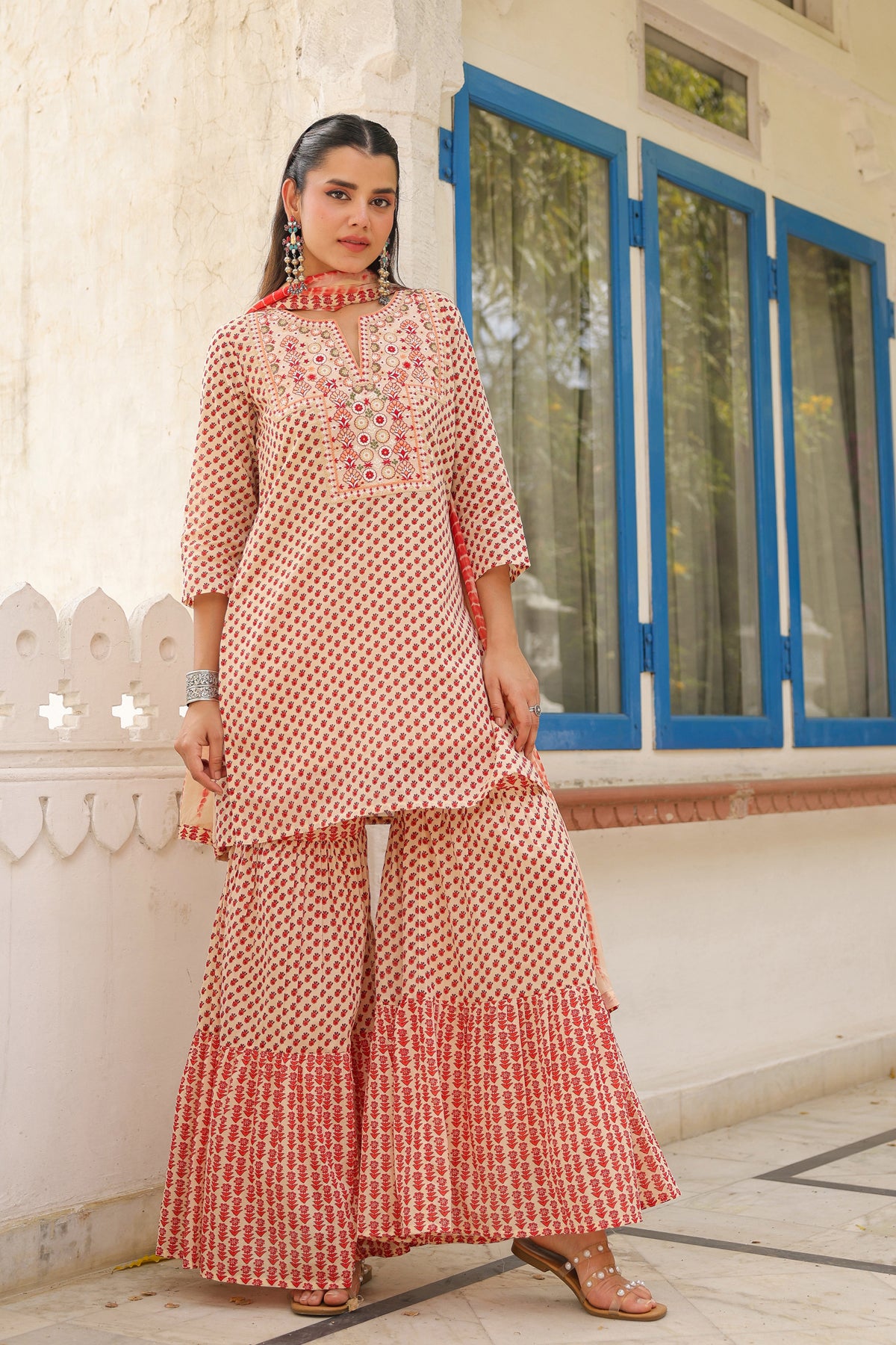 Maroon Mulmul Printed-Embroidered Sharara Set