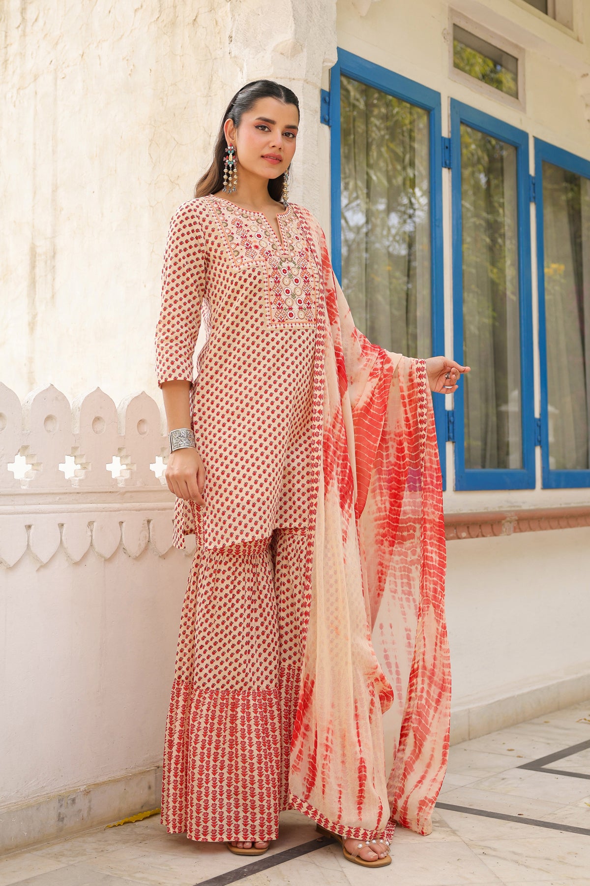 Maroon Mulmul Printed-Embroidered Sharara Set