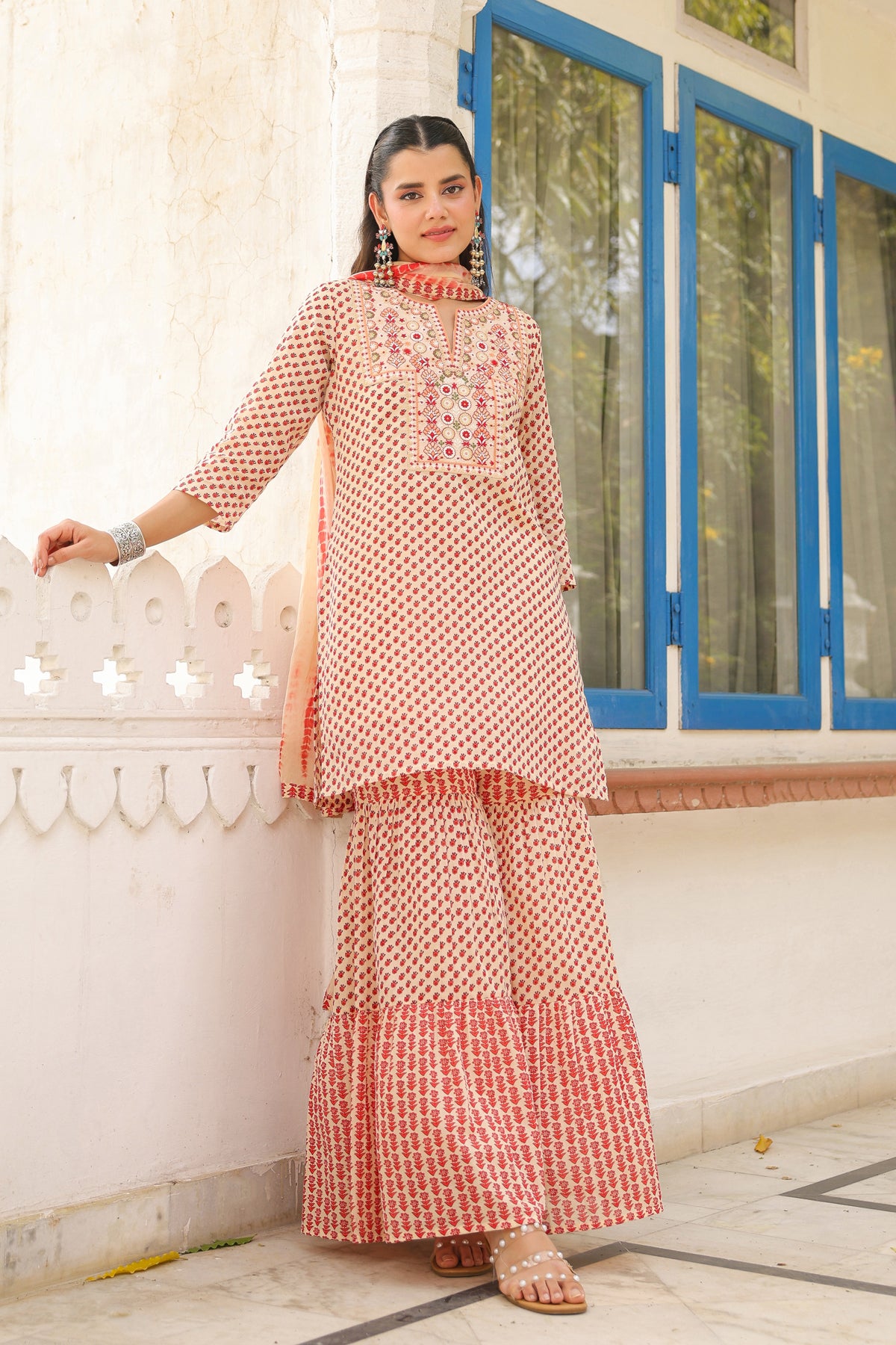 Maroon Mulmul Printed-Embroidered Sharara Set