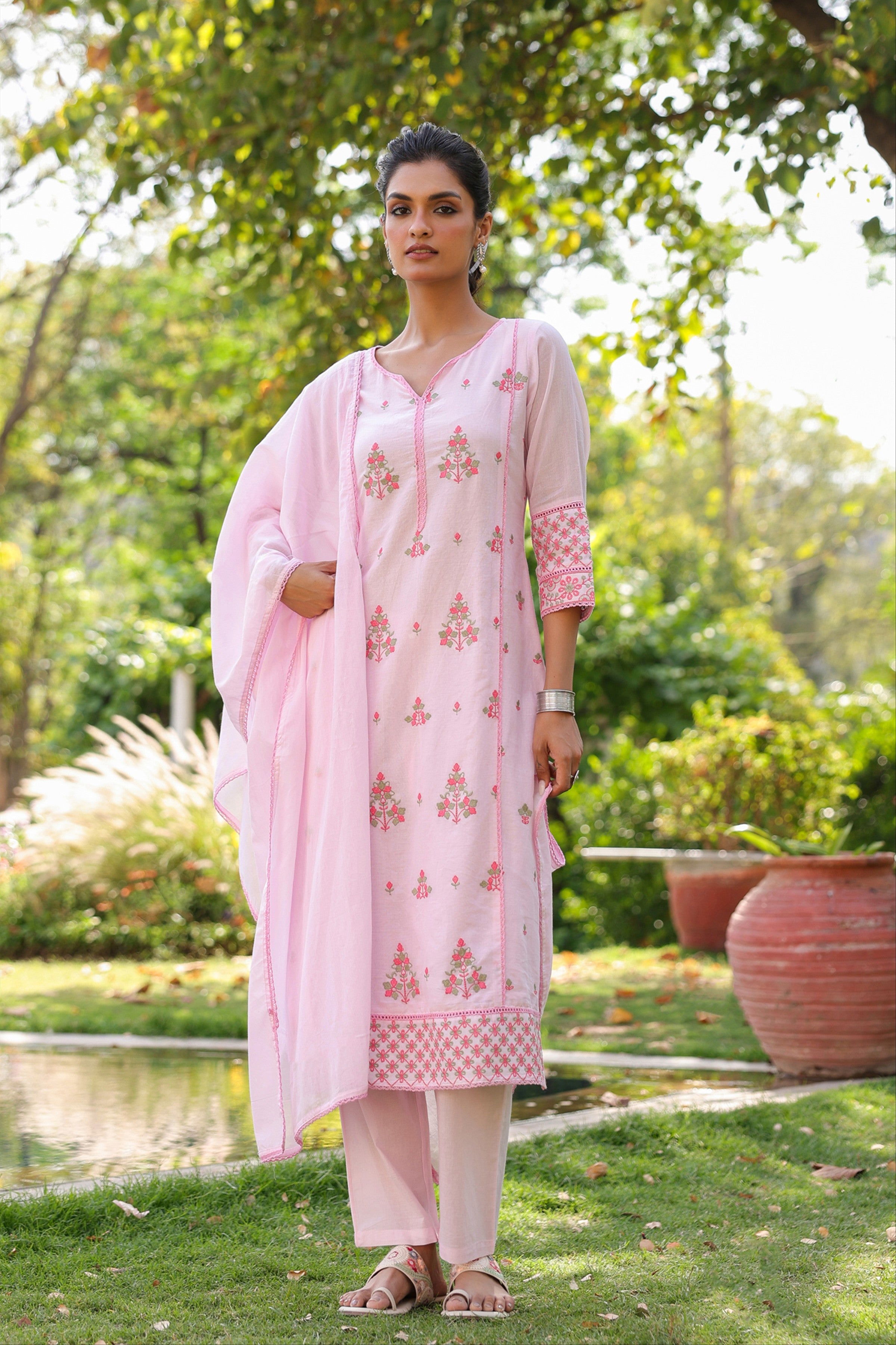 Pink Mulmul Embroidered Straight Suit Set