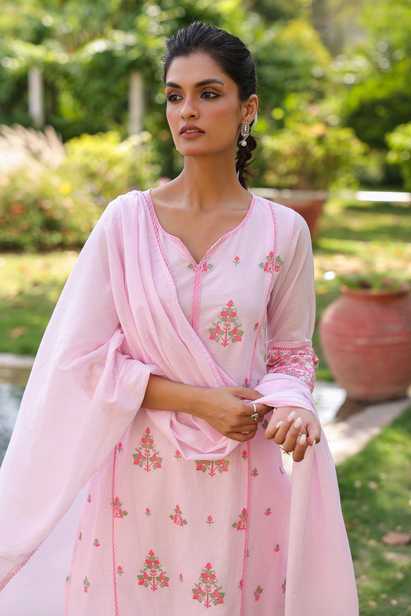 Pink Mulmul Embroidered Straight Suit Set