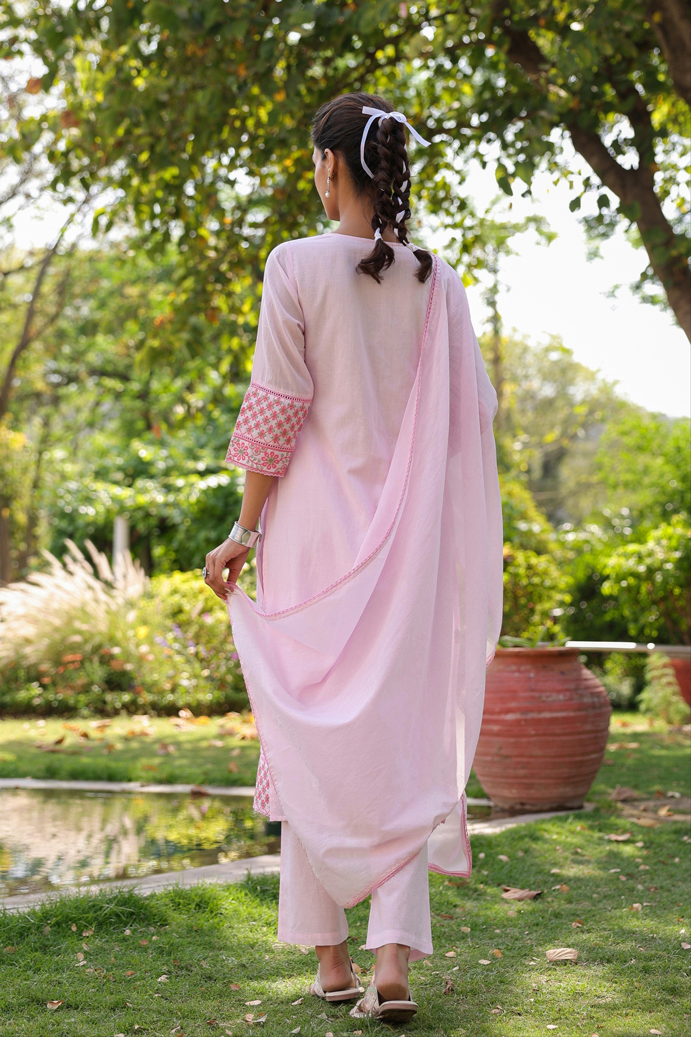Pink Mulmul Embroidered Straight Suit Set