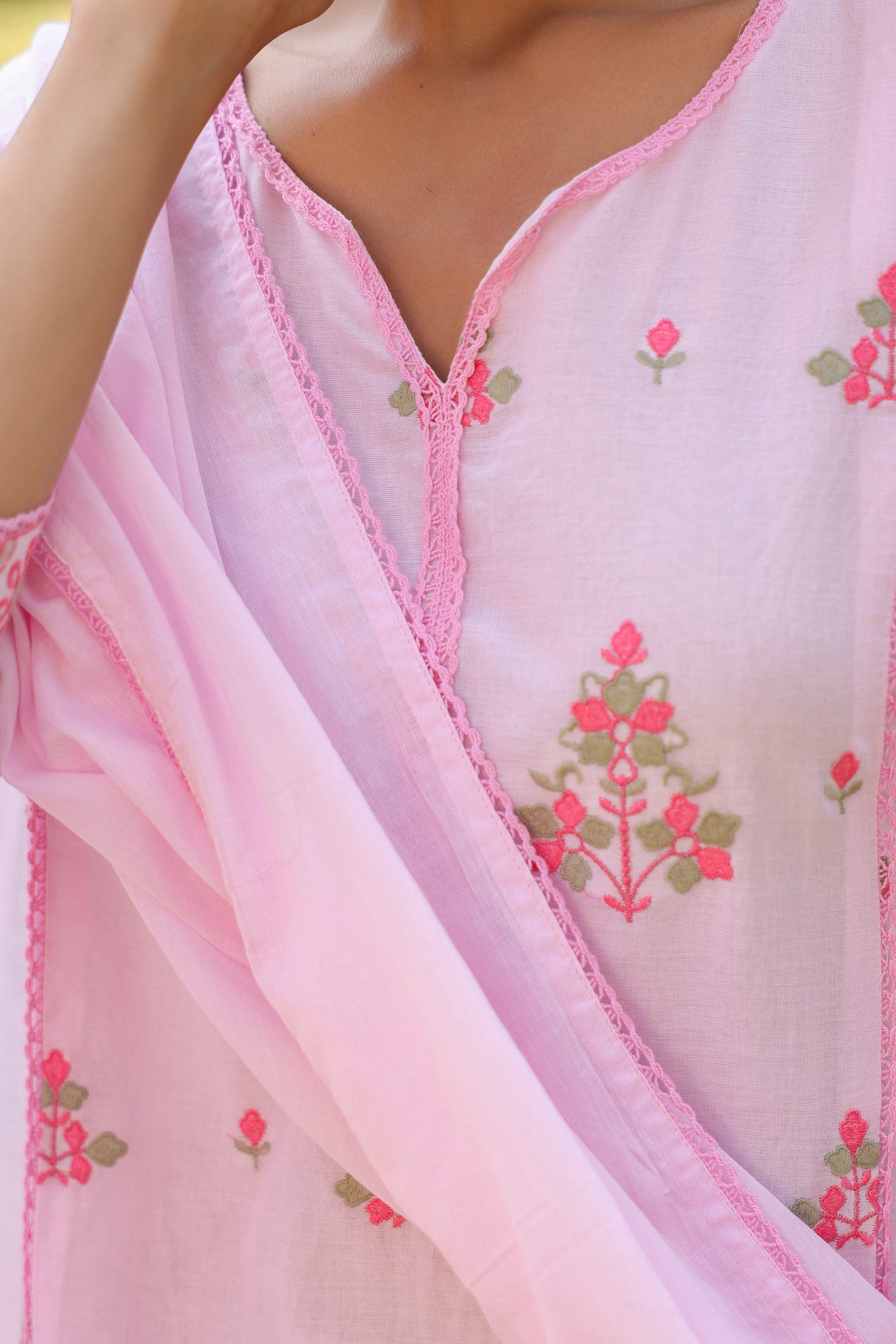 Pink Mulmul Embroidered Straight Suit Set