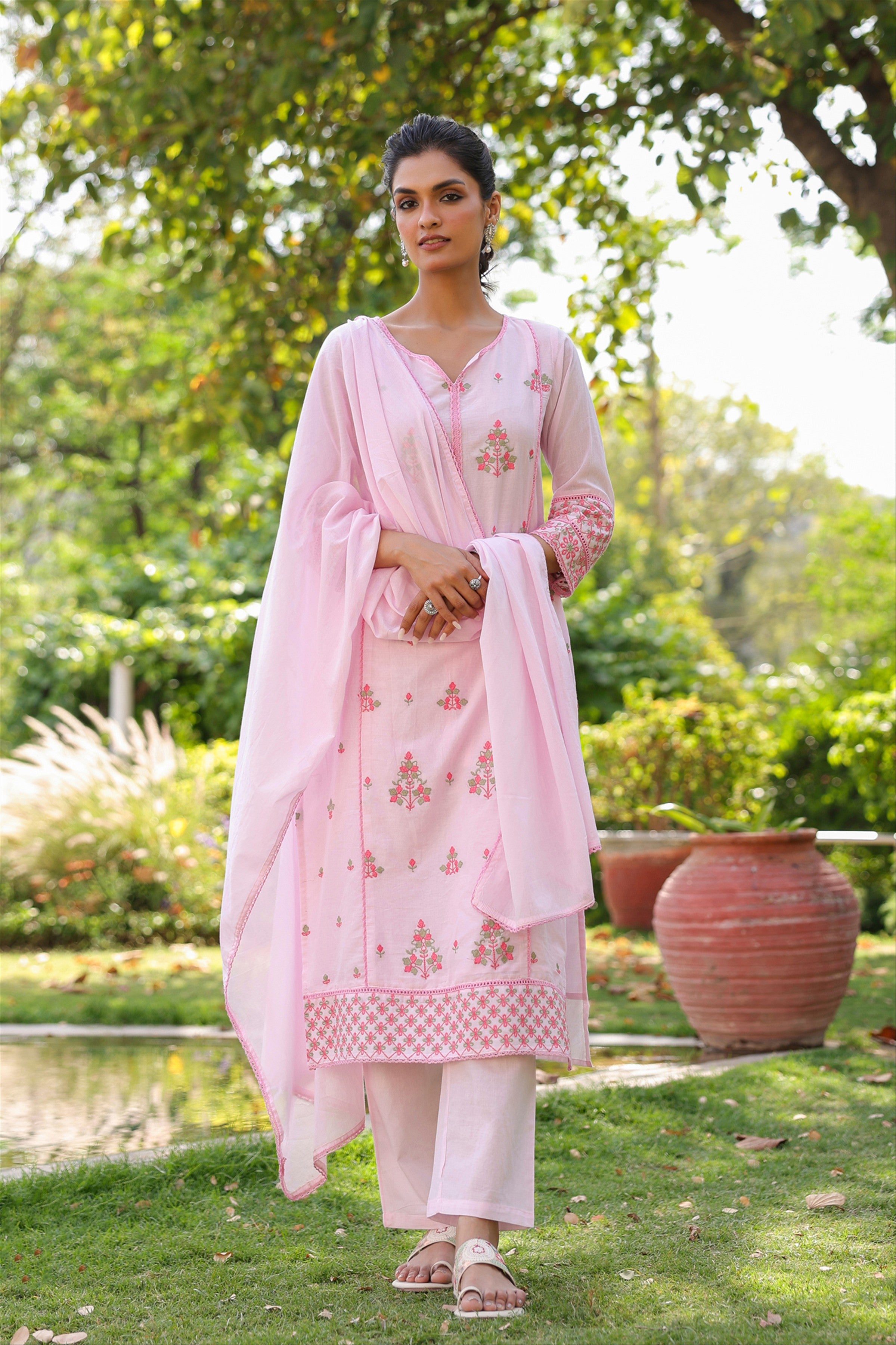 Pink Mulmul Embroidered Straight Suit Set