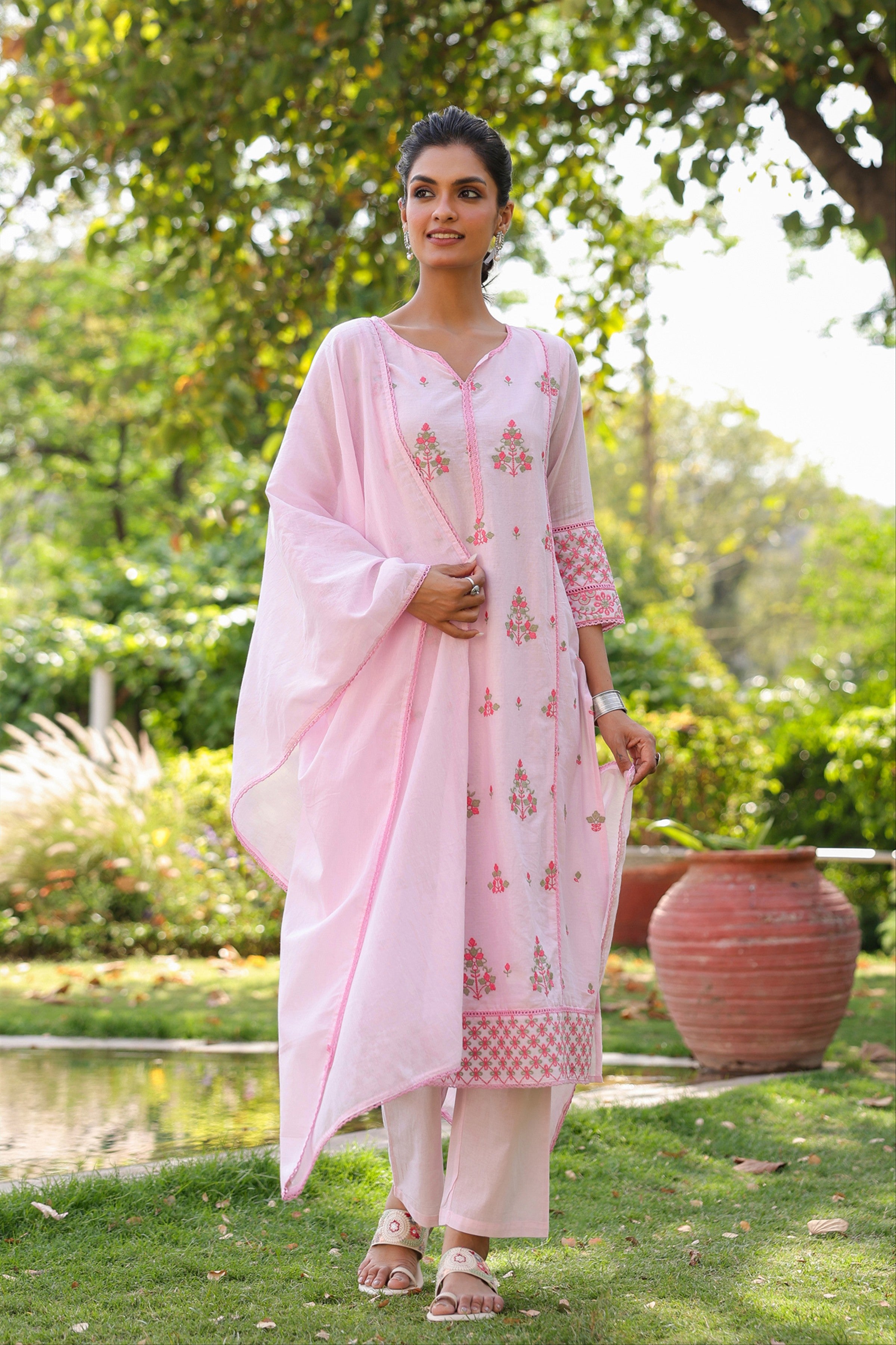 Pink Mulmul Embroidered Straight Suit Set