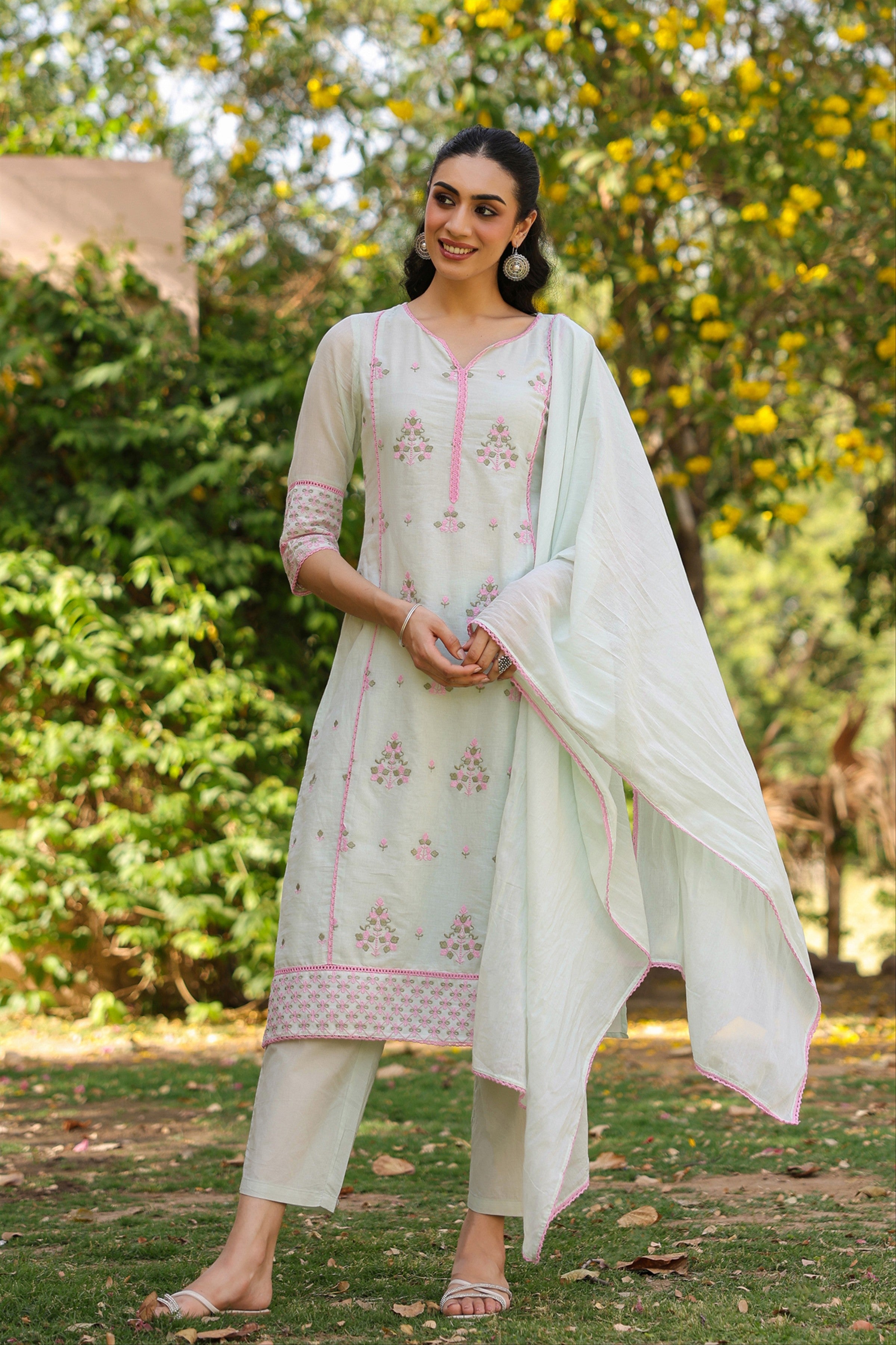 Pistagreen Mulmul Embroidered Straight Suit Set