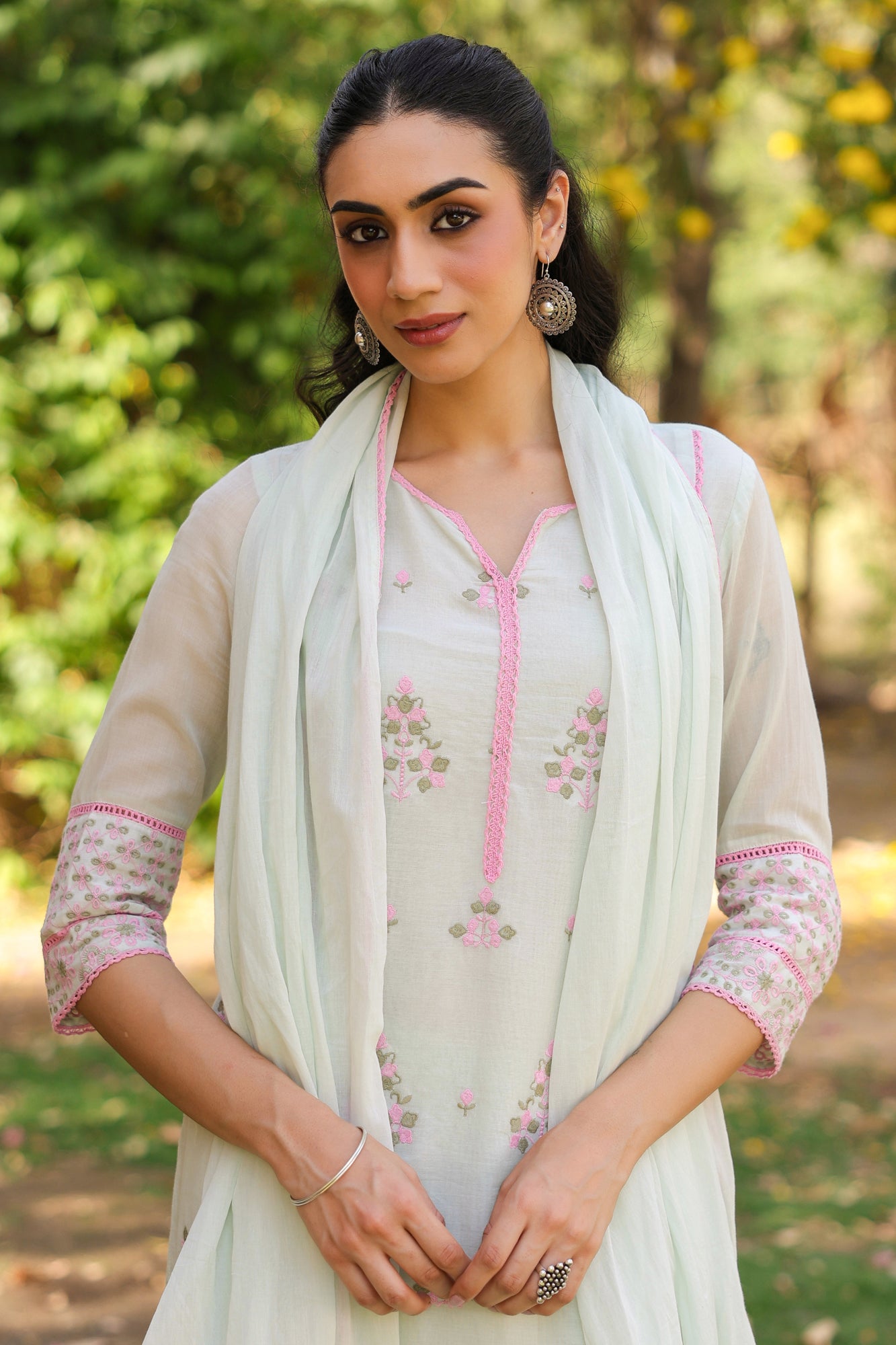 Pistagreen Mulmul Embroidered Straight Suit Set