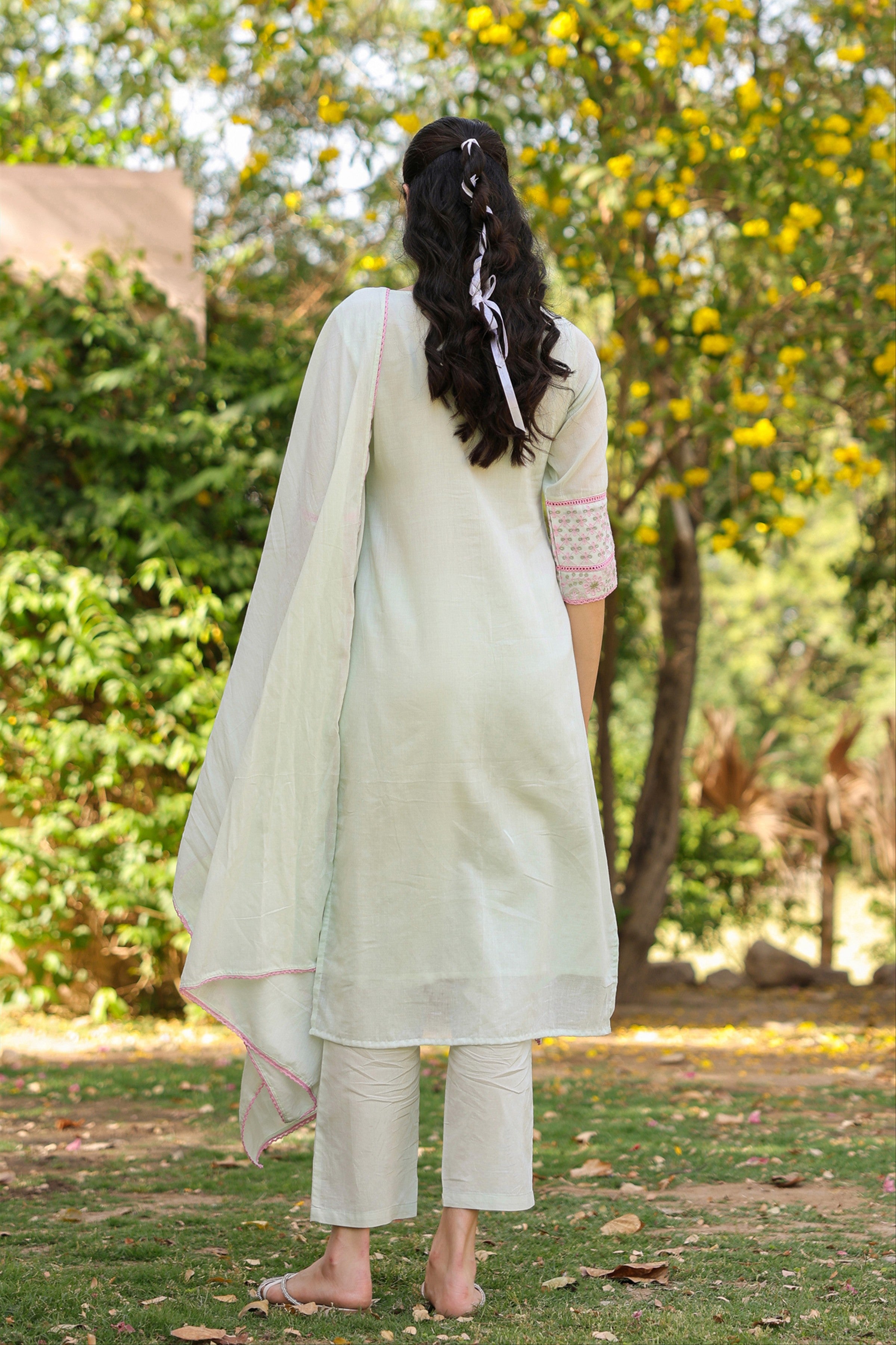 Pistagreen Mulmul Embroidered Straight Suit Set