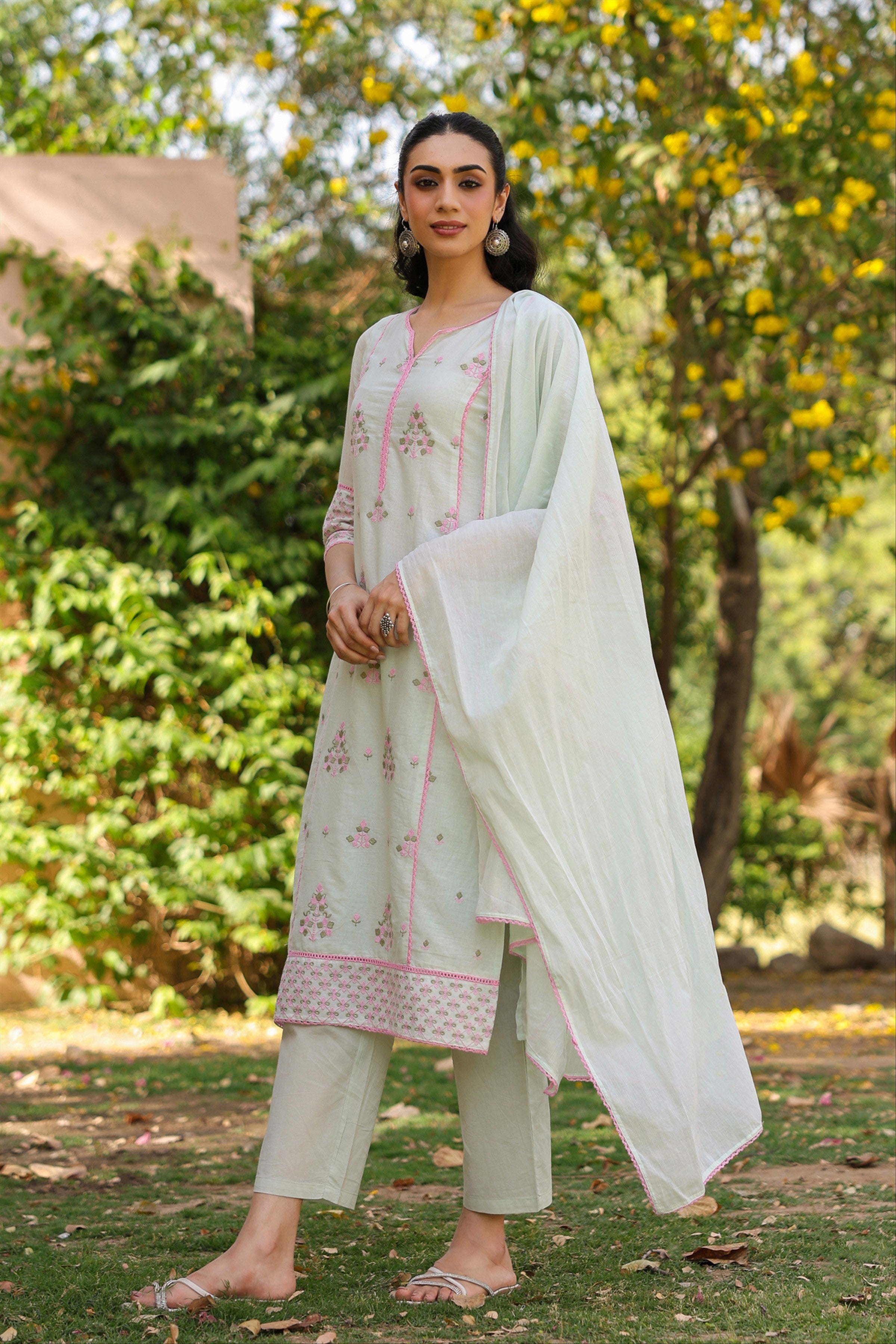 Pistagreen Mulmul Embroidered Straight Suit Set