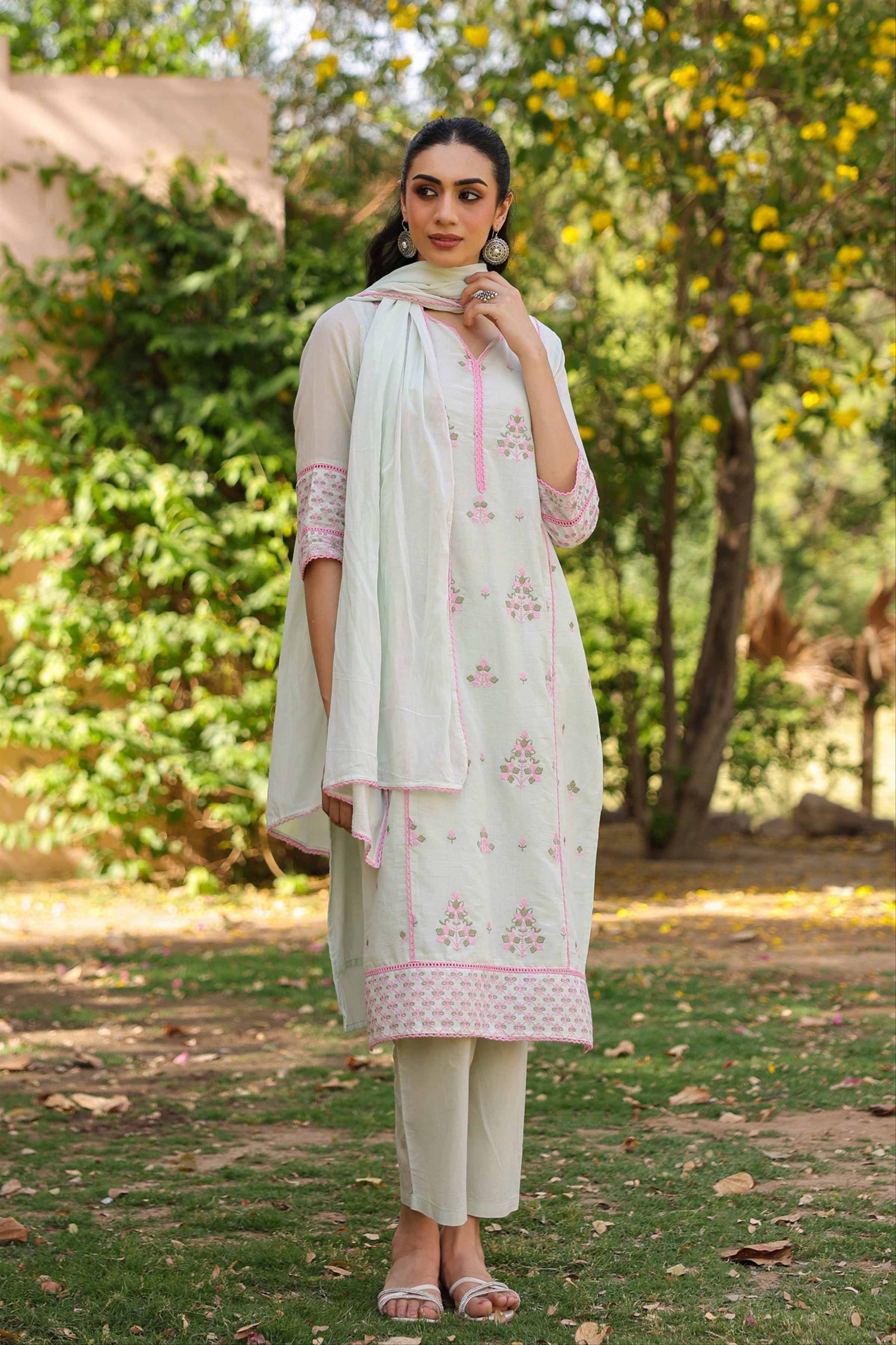 Pistagreen Mulmul Embroidered Straight Suit Set