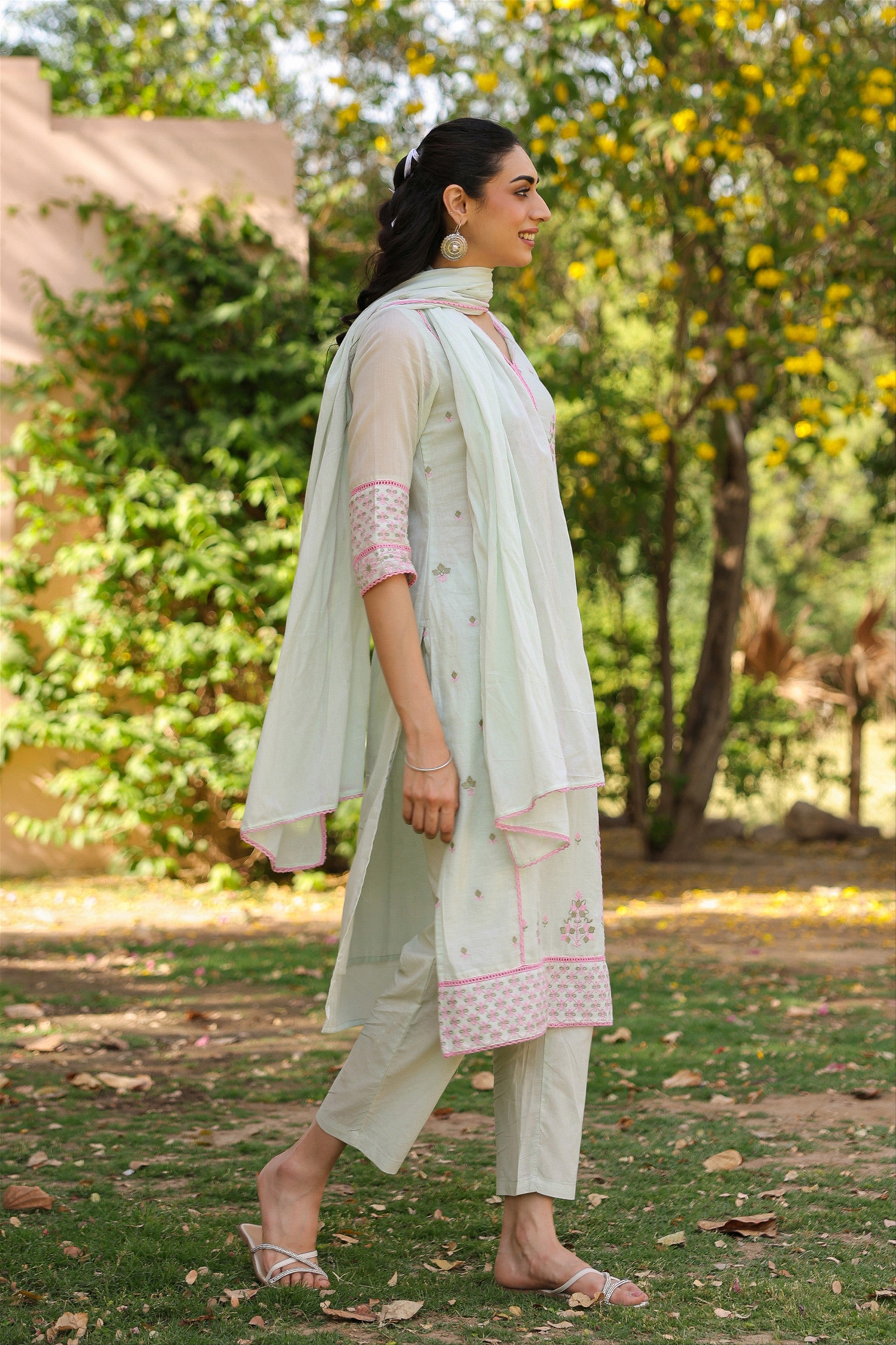 Pistagreen Mulmul Embroidered Straight Suit Set