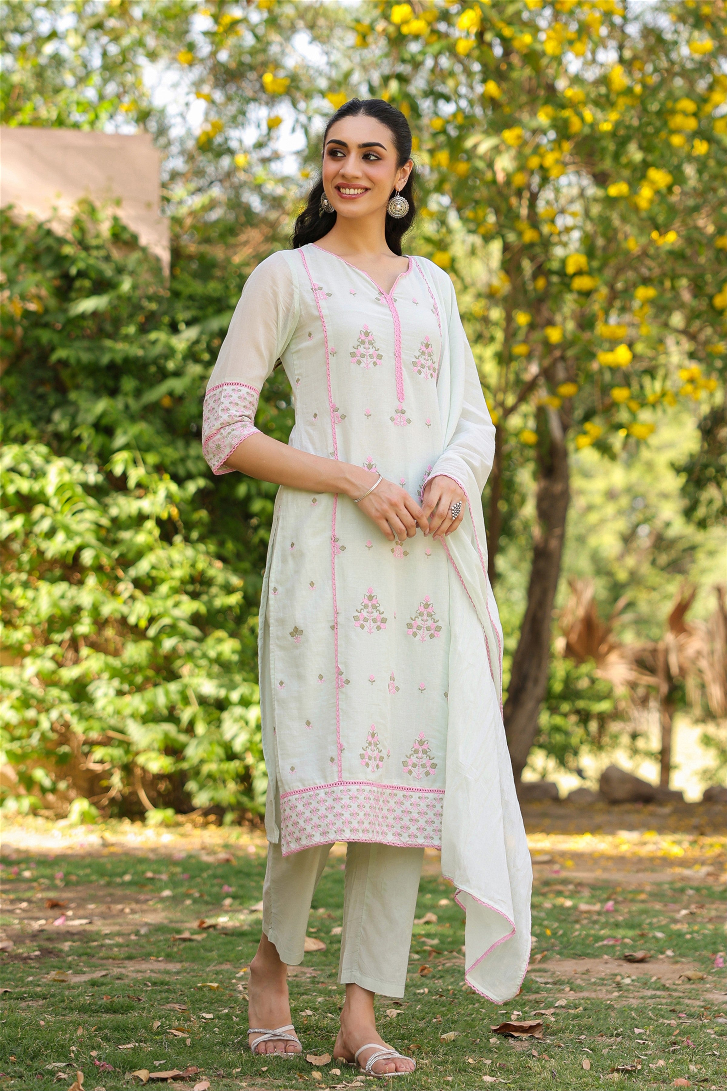 Pistagreen Mulmul Embroidered Straight Suit Set