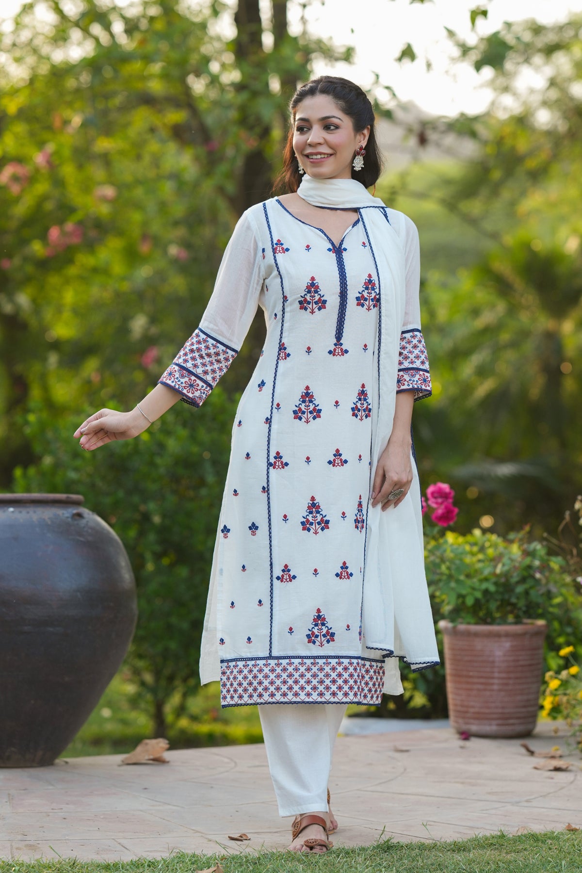 White Mulmul Embroidered Straight Suit Set