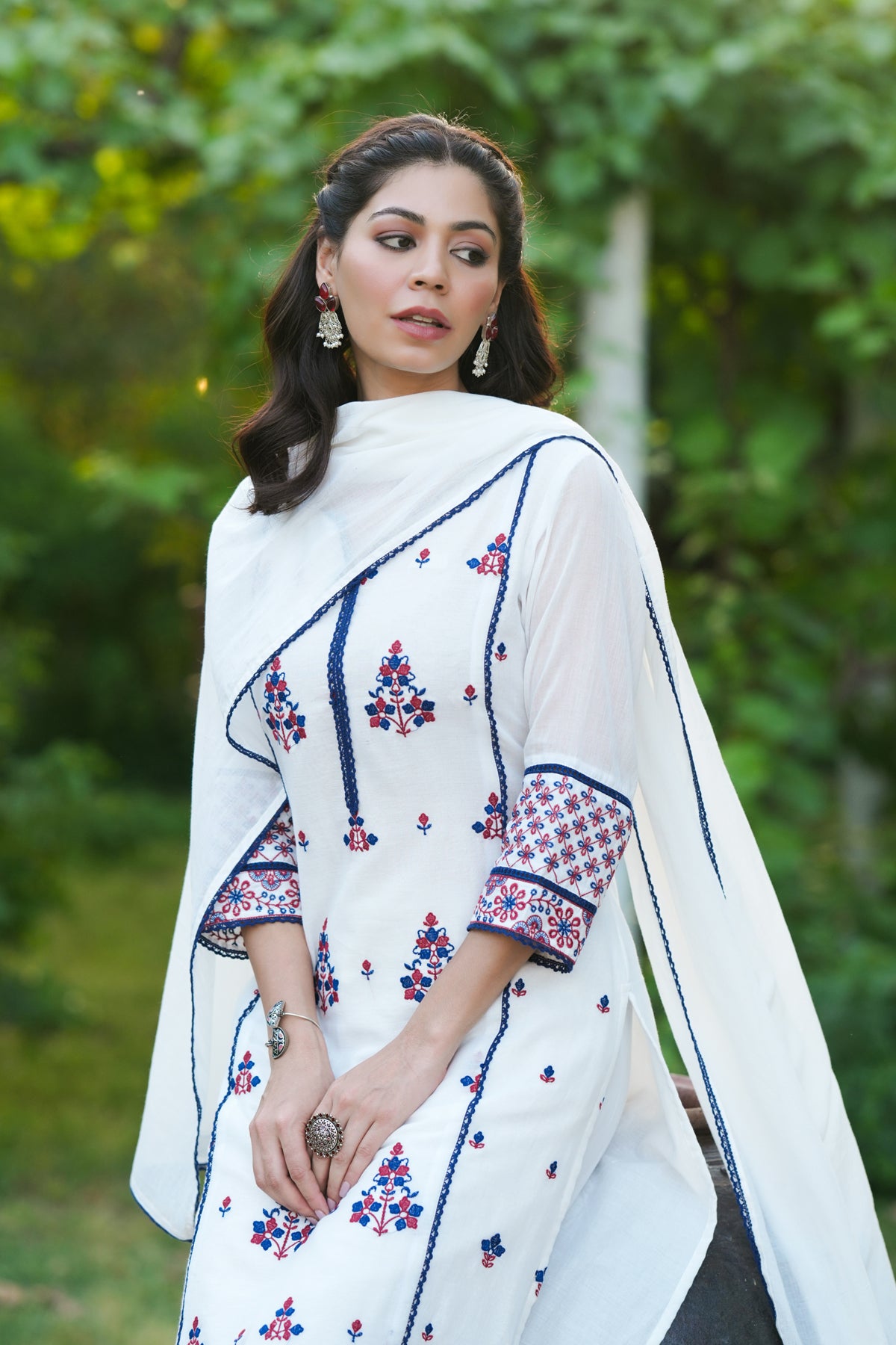 White Mulmul Embroidered Straight Suit Set