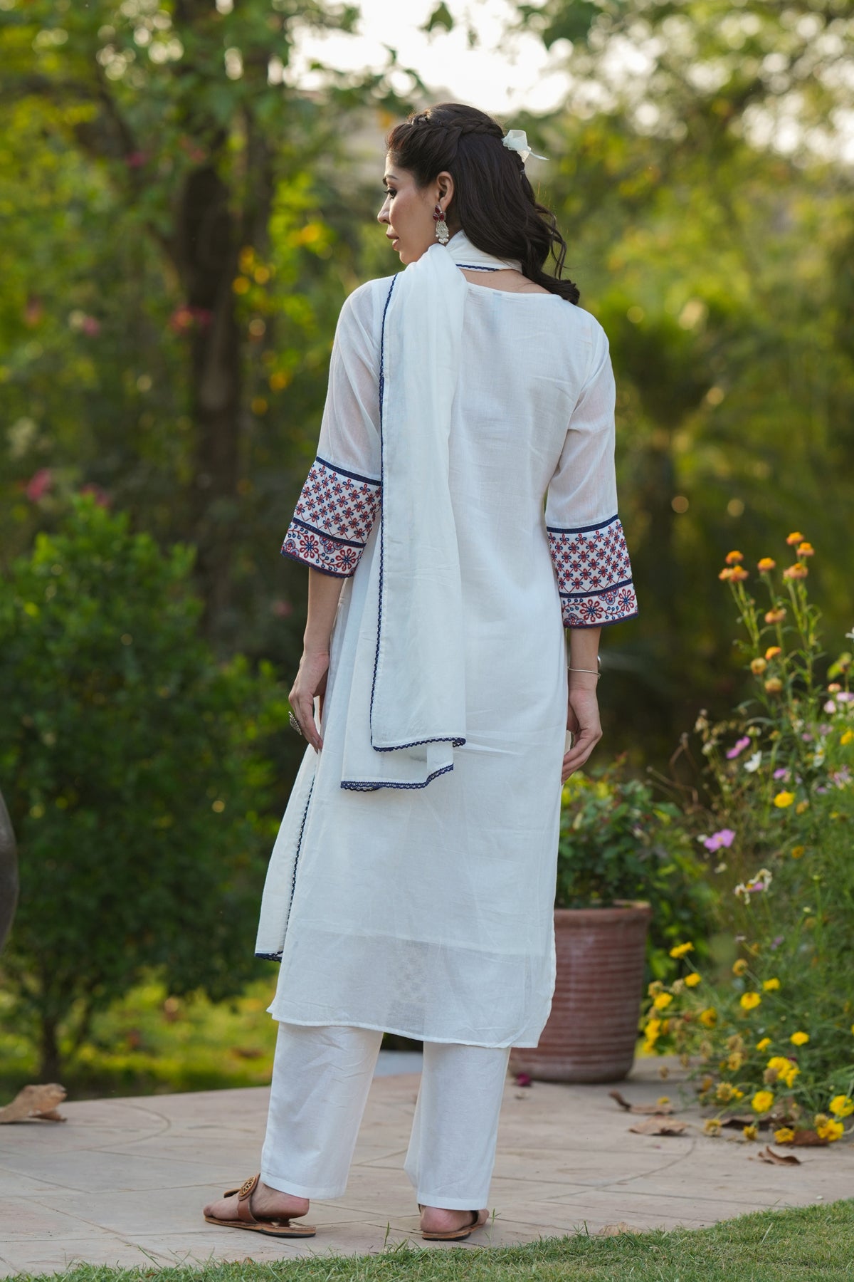 White Mulmul Embroidered Straight Suit Set