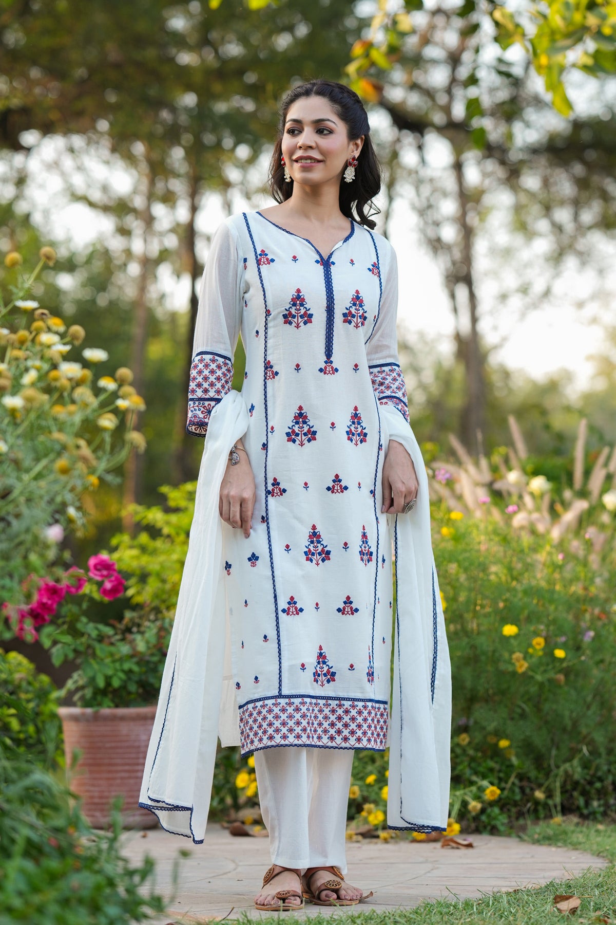 White Mulmul Embroidered Straight Suit Set
