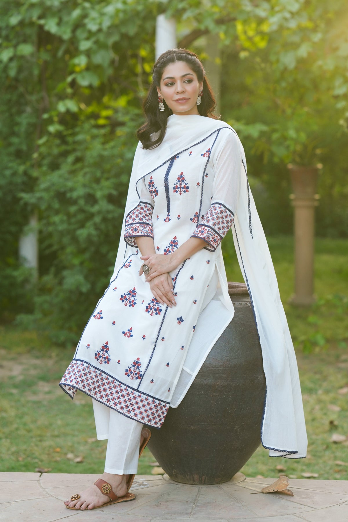 White Mulmul Embroidered Straight Suit Set