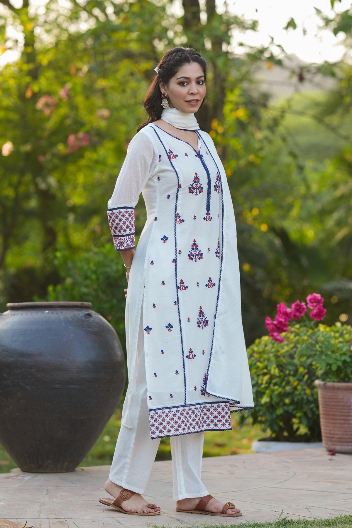 White Mulmul Embroidered Straight Suit Set