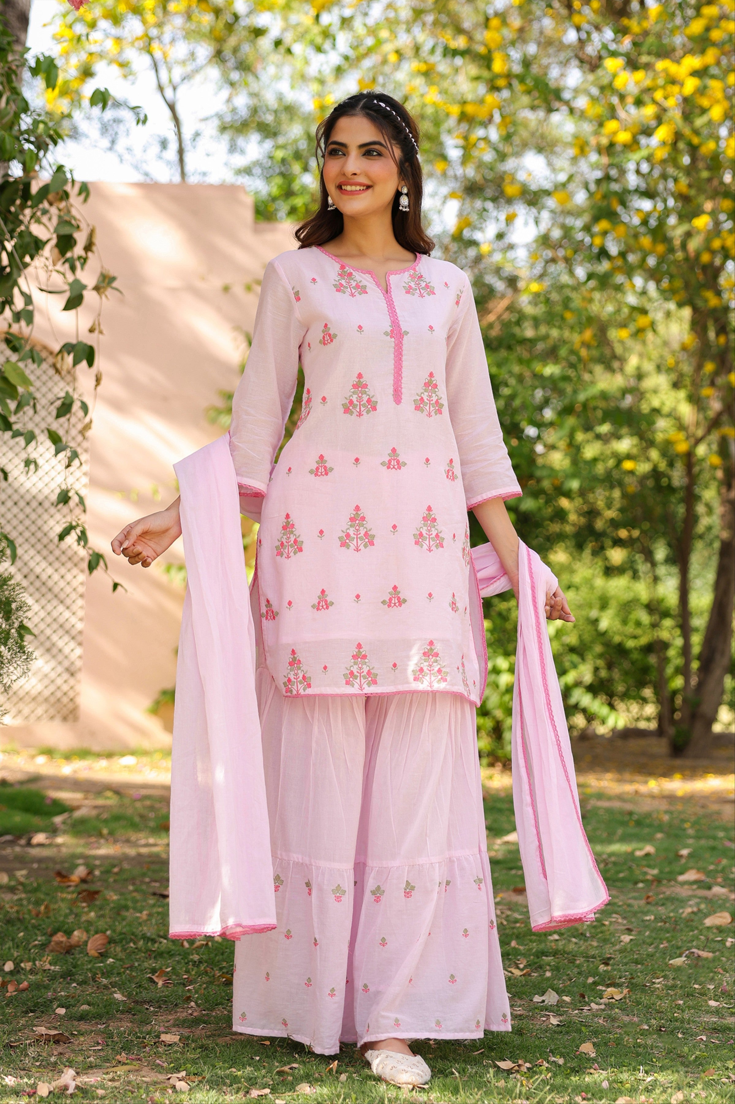 Pink Mulmul Embroidered Sharara Set