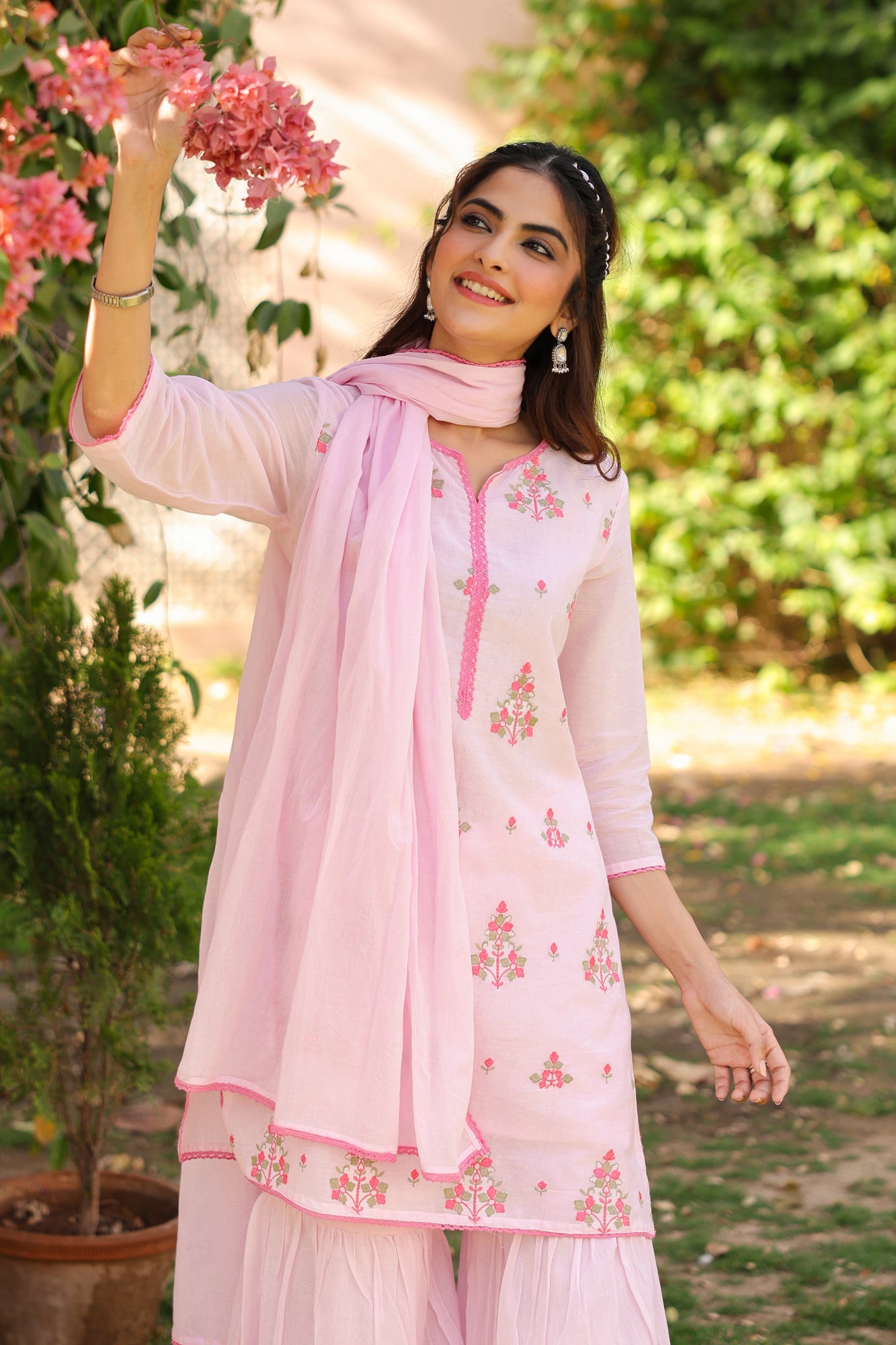 Pink Mulmul Embroidered Sharara Set