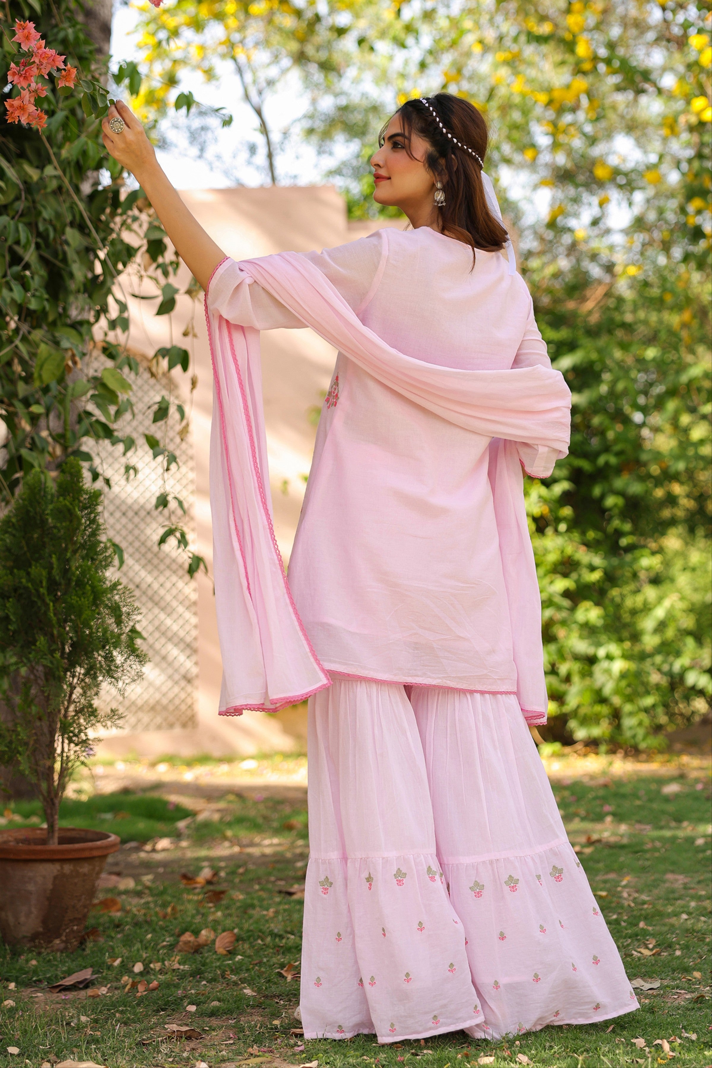 Pink Mulmul Embroidered Sharara Set