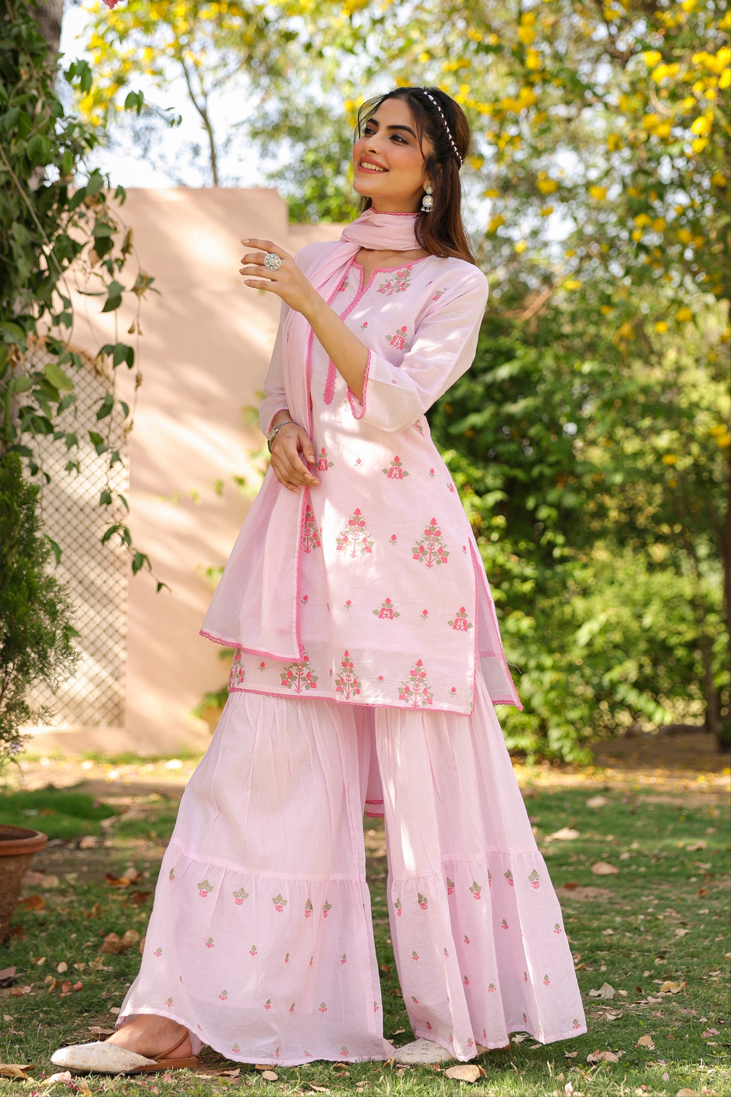 Pink Mulmul Embroidered Sharara Set