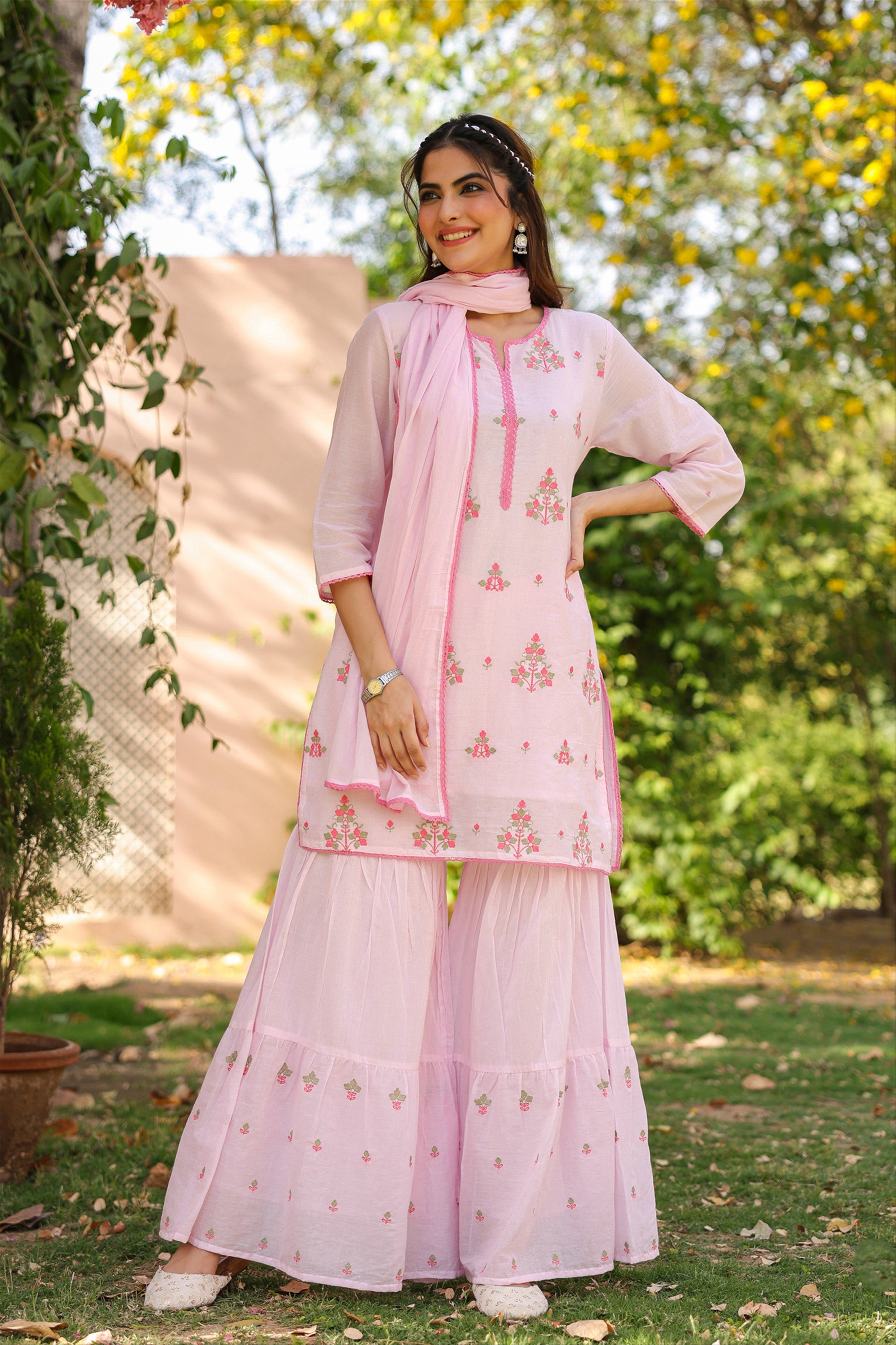 Pink Mulmul Embroidered Sharara Set