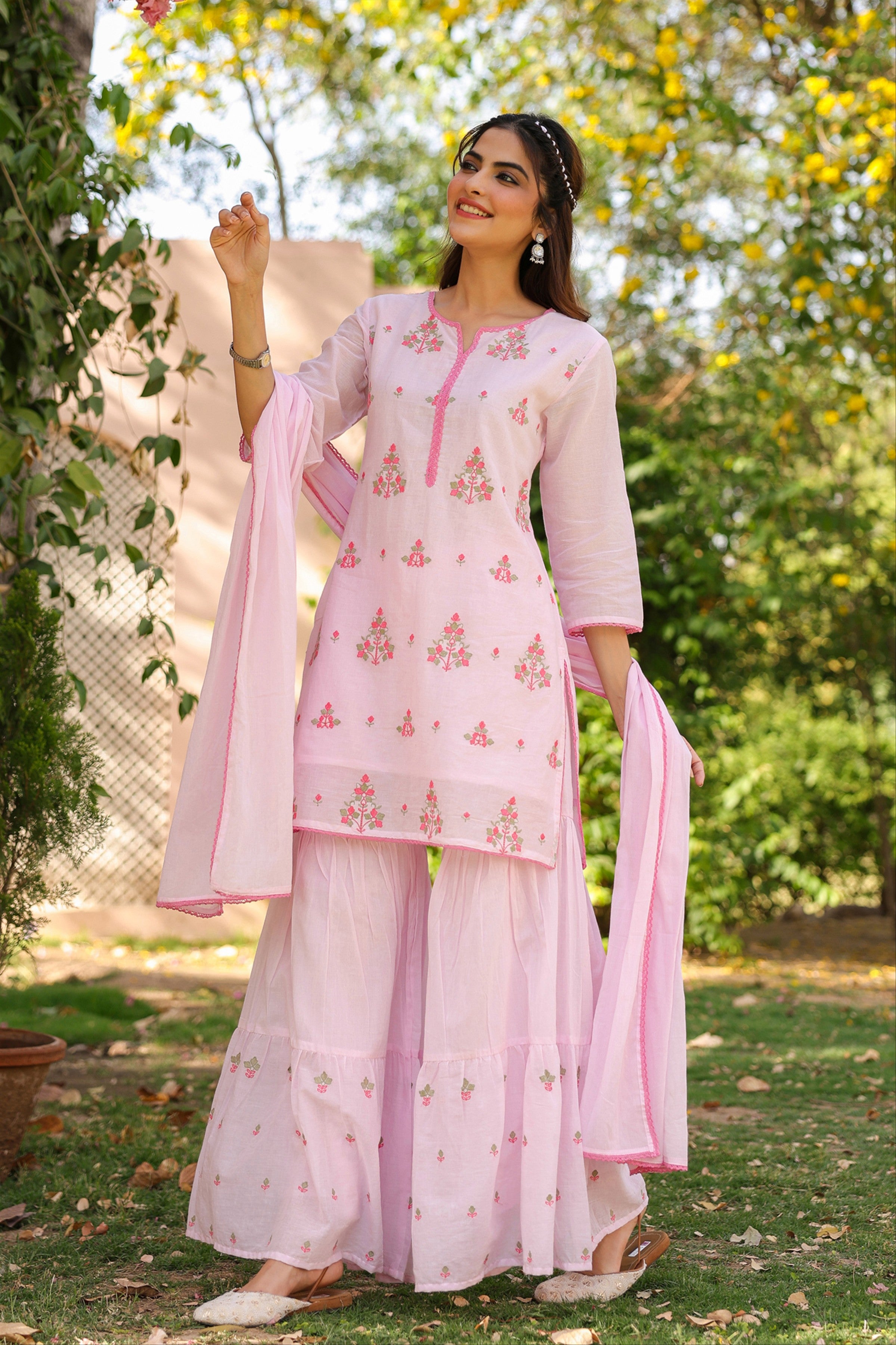 Pink Mulmul Embroidered Sharara Set