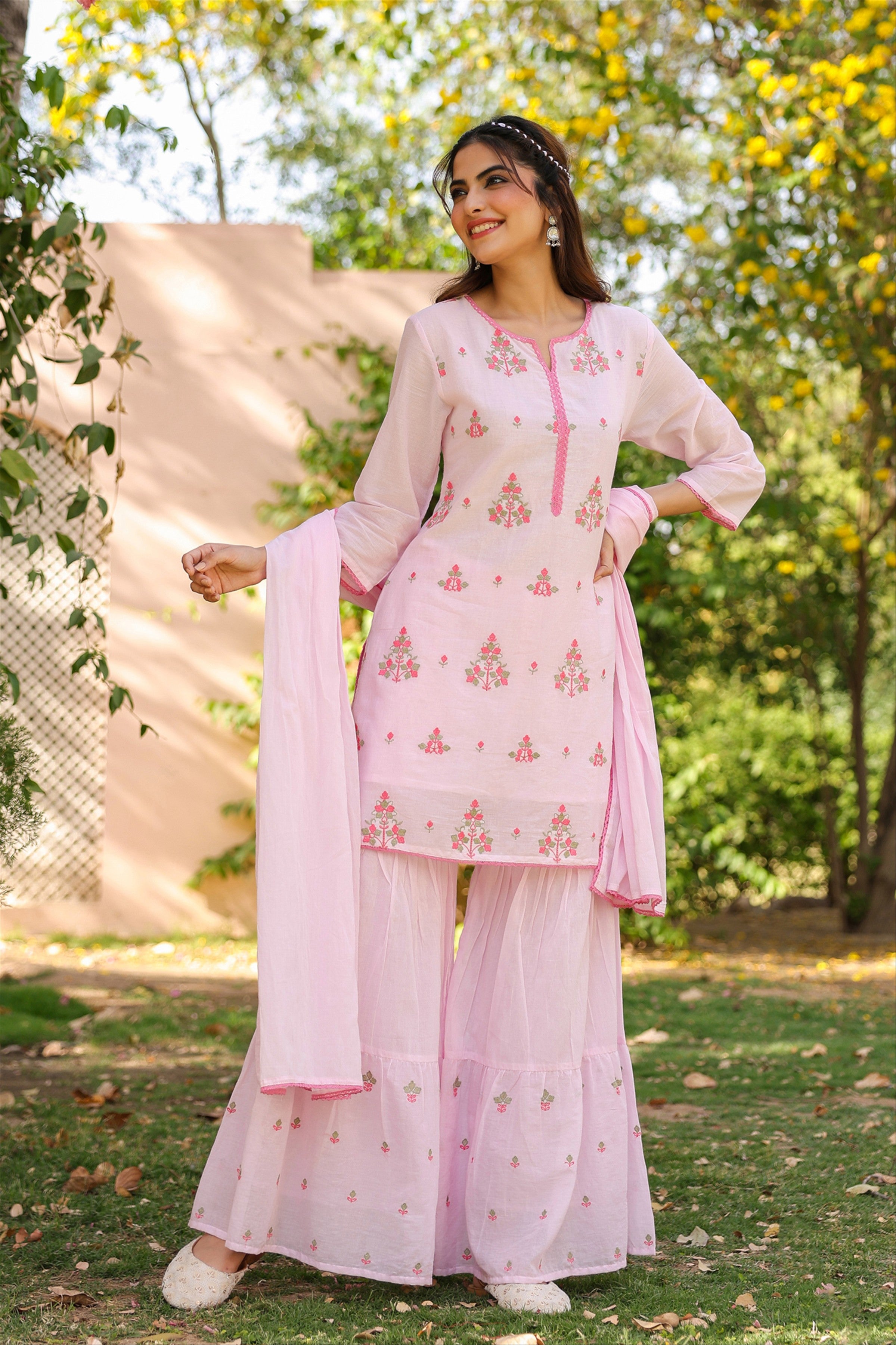 Pink Mulmul Embroidered Sharara Set