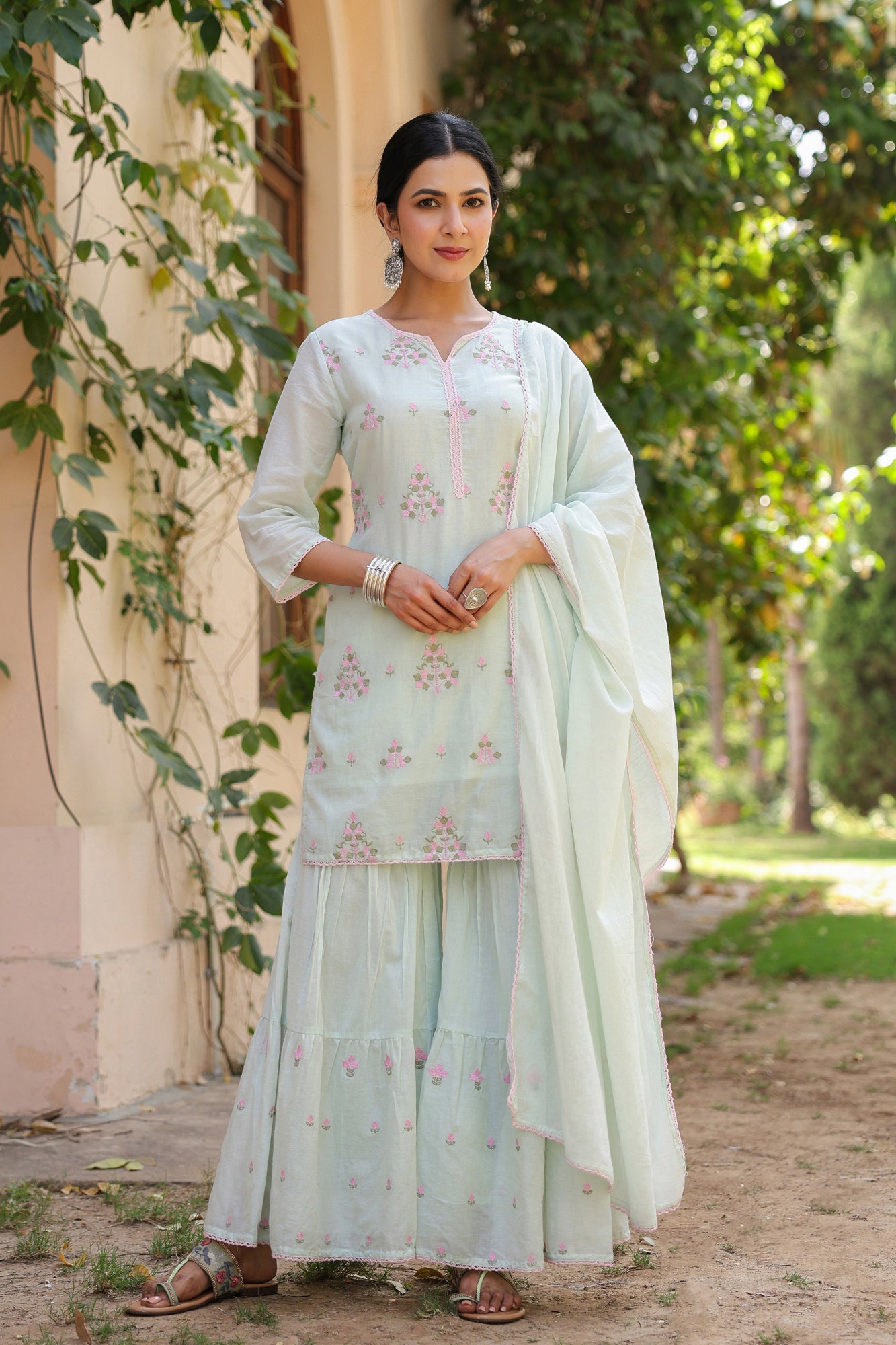 Pistagreen Mulmul Embroidered Sharara Set