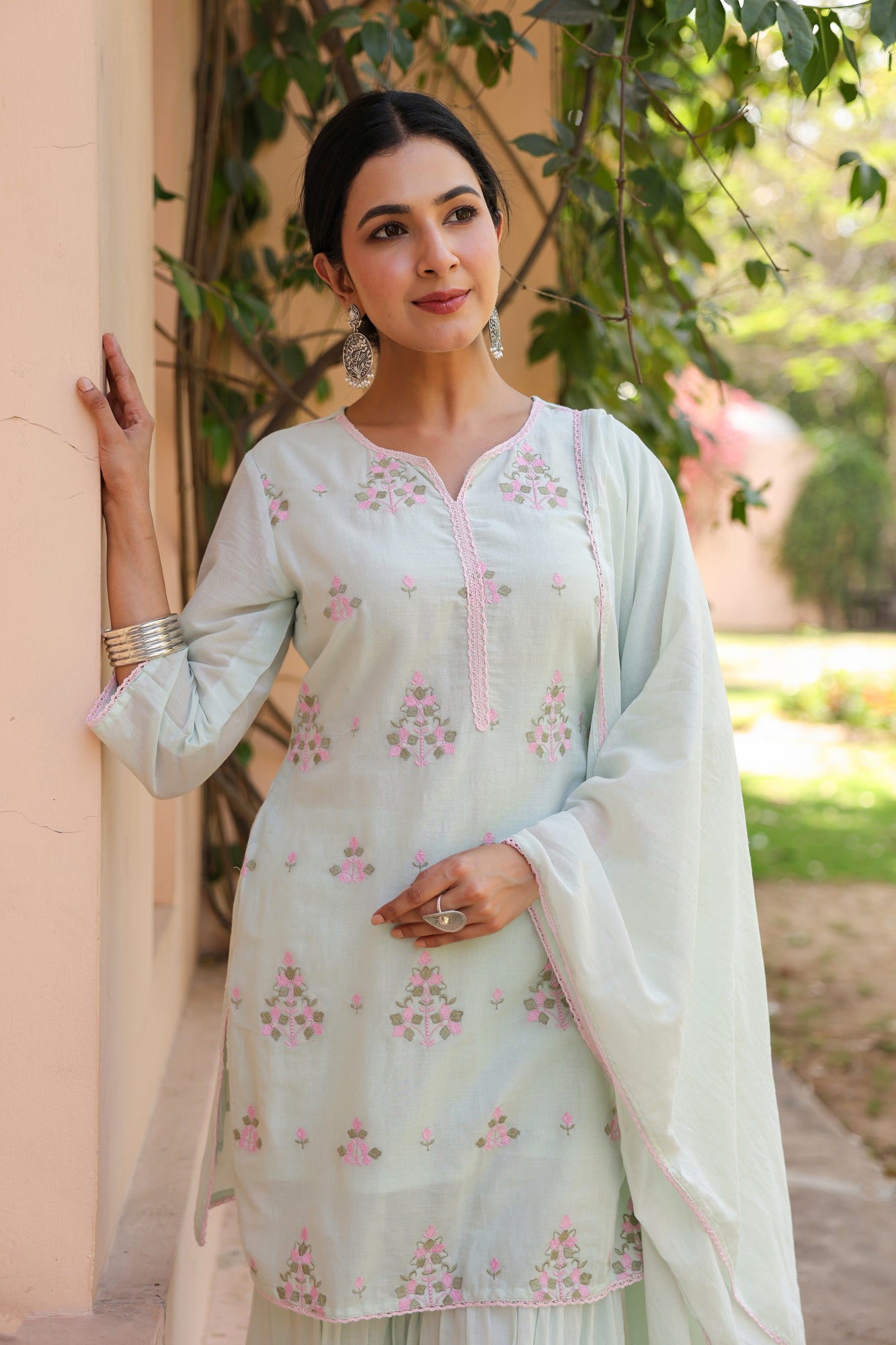 Pistagreen Mulmul Embroidered Sharara Set