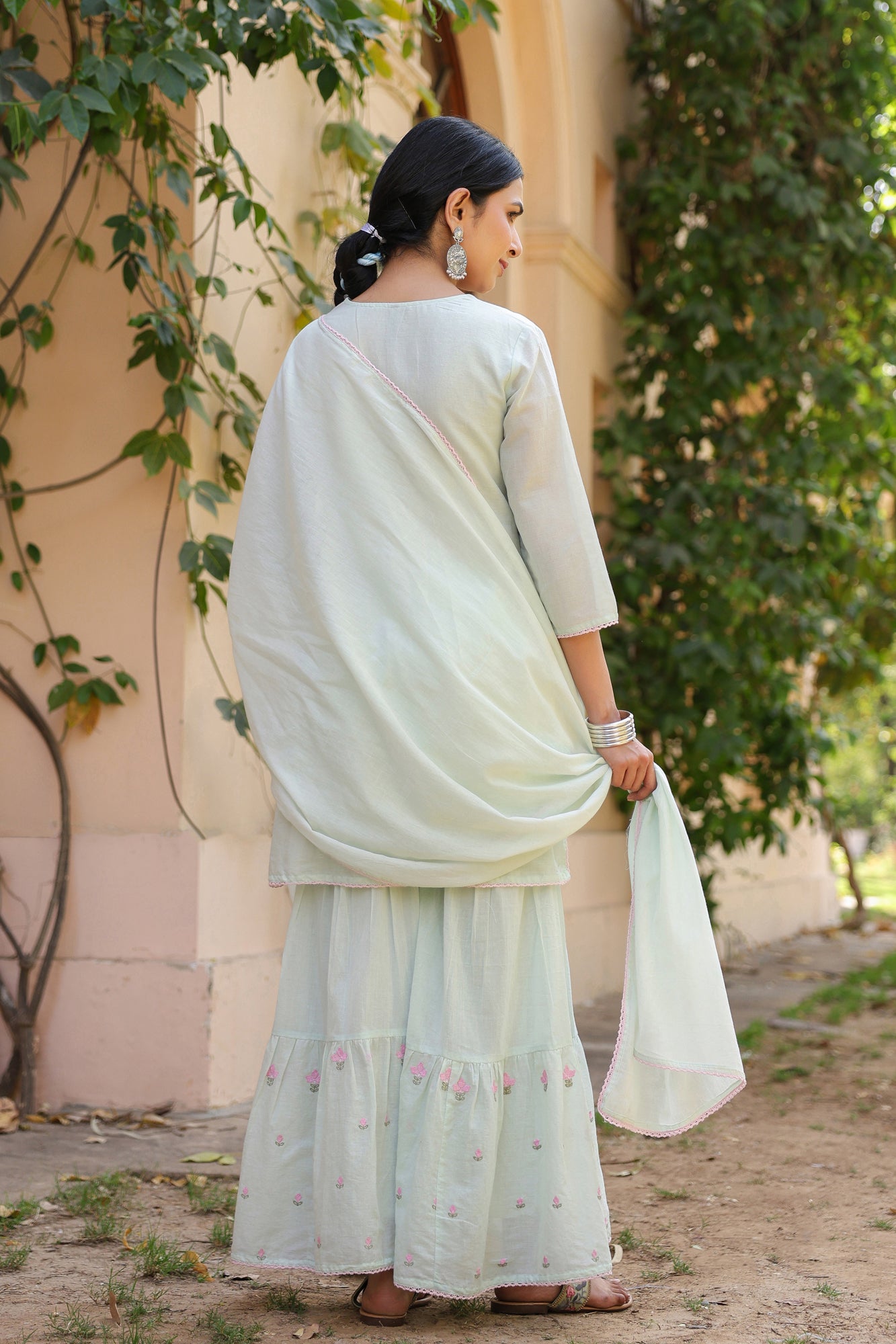 Pistagreen Mulmul Embroidered Sharara Set