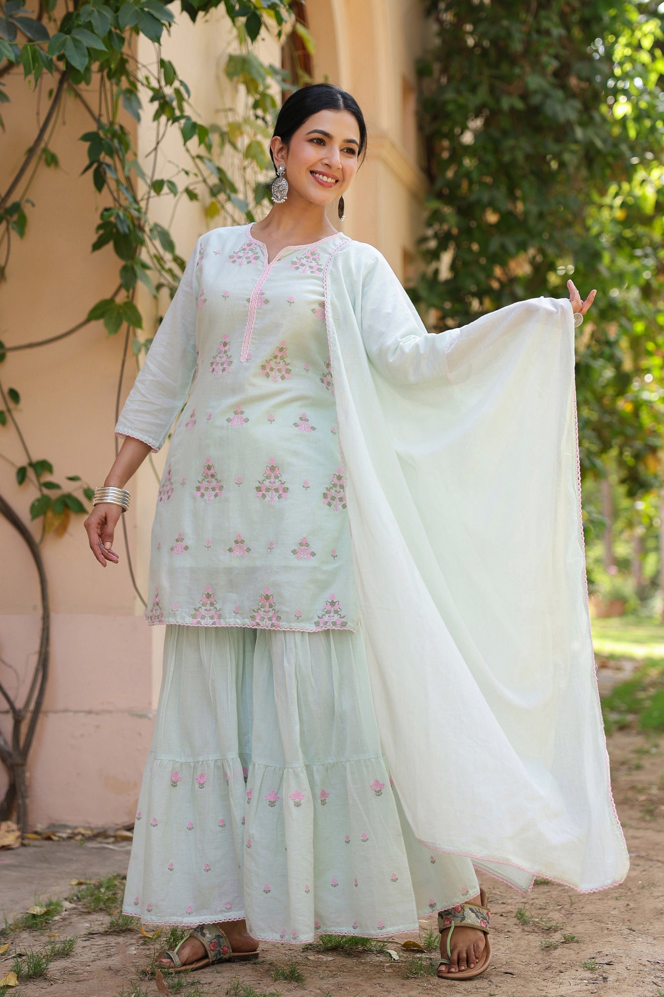 Pistagreen Mulmul Embroidered Sharara Set