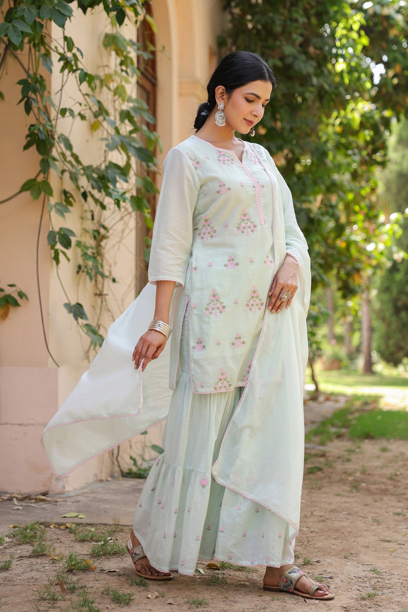Pistagreen Mulmul Embroidered Sharara Set