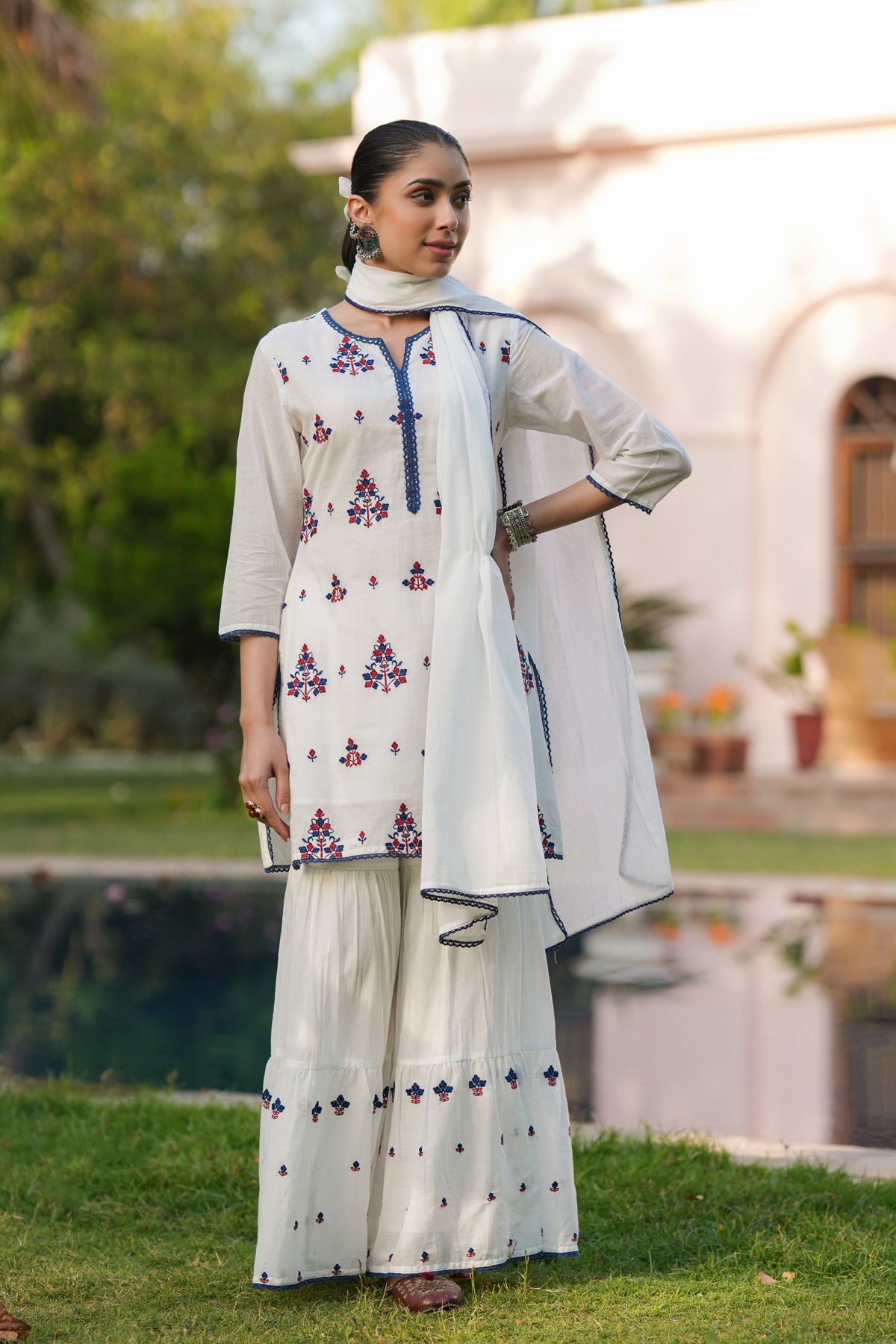 White Mulmul Embroidered Sharara Set