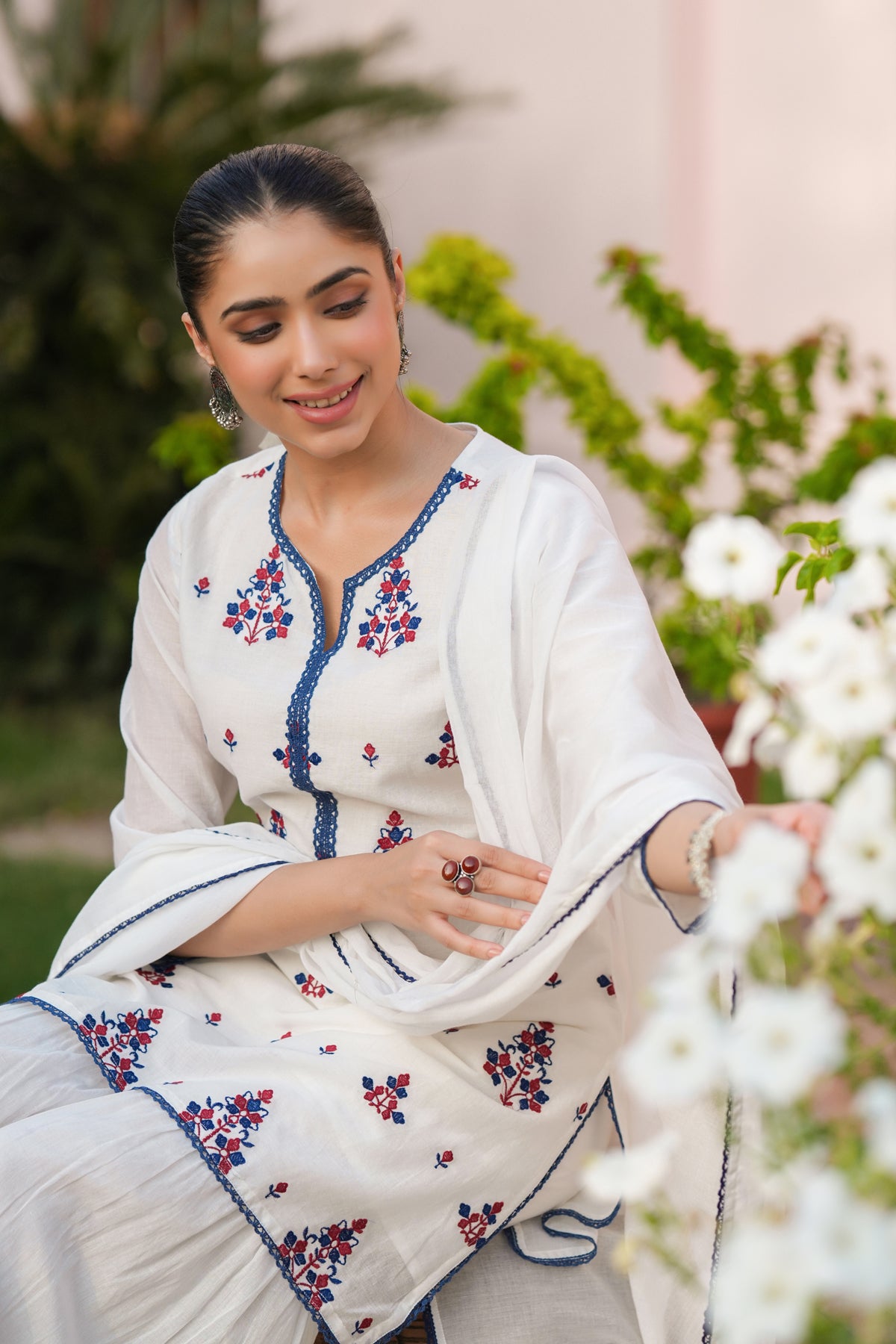 White Mulmul Embroidered Sharara Set