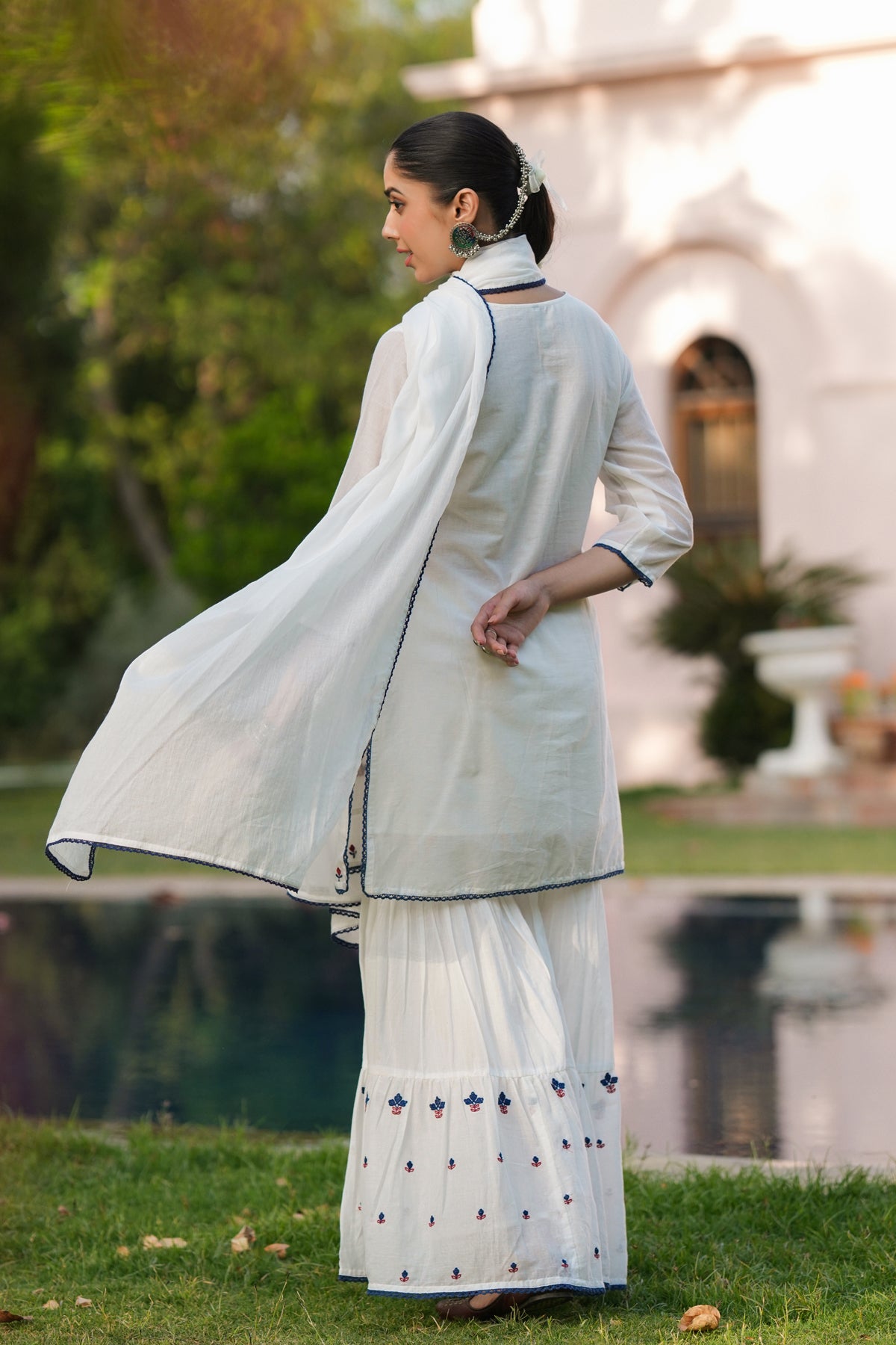 White Mulmul Embroidered Sharara Set