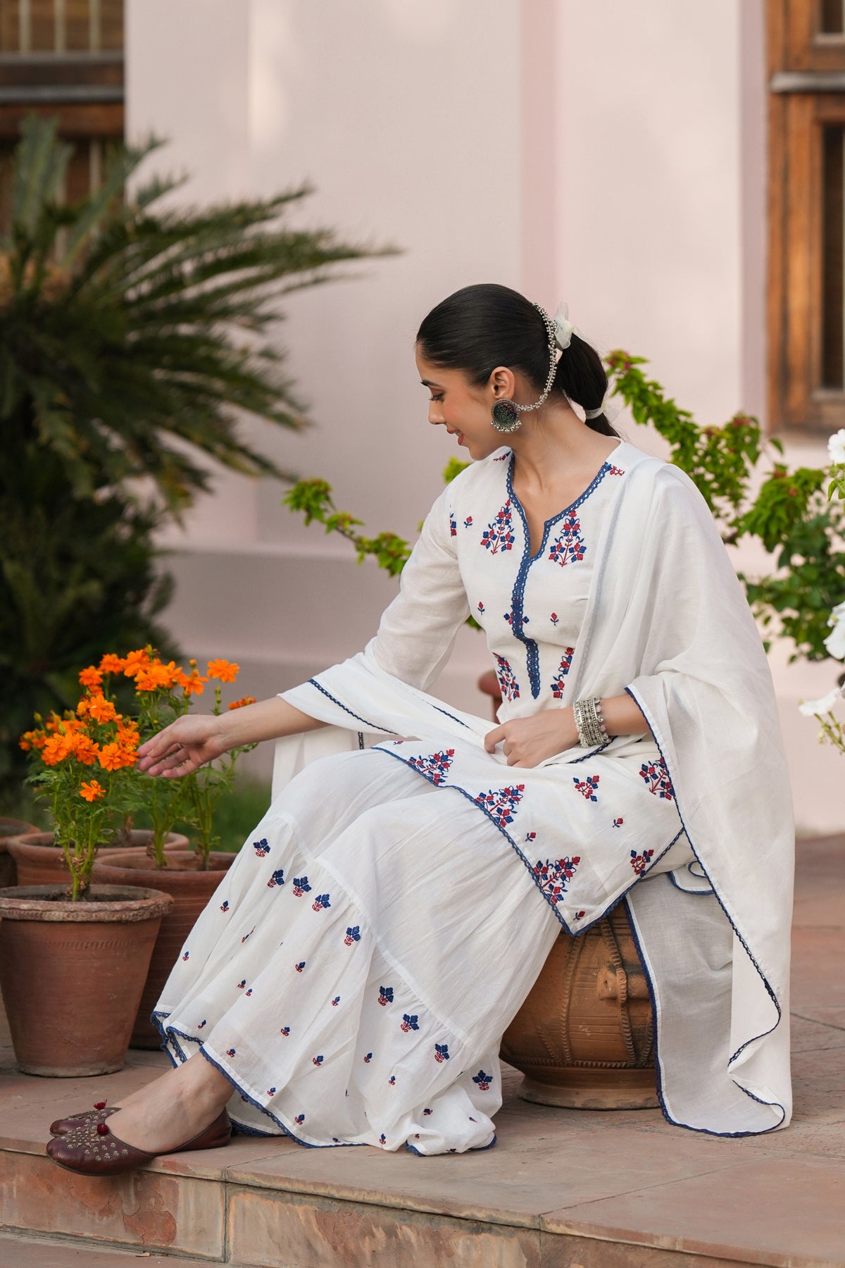 White Mulmul Embroidered Sharara Set