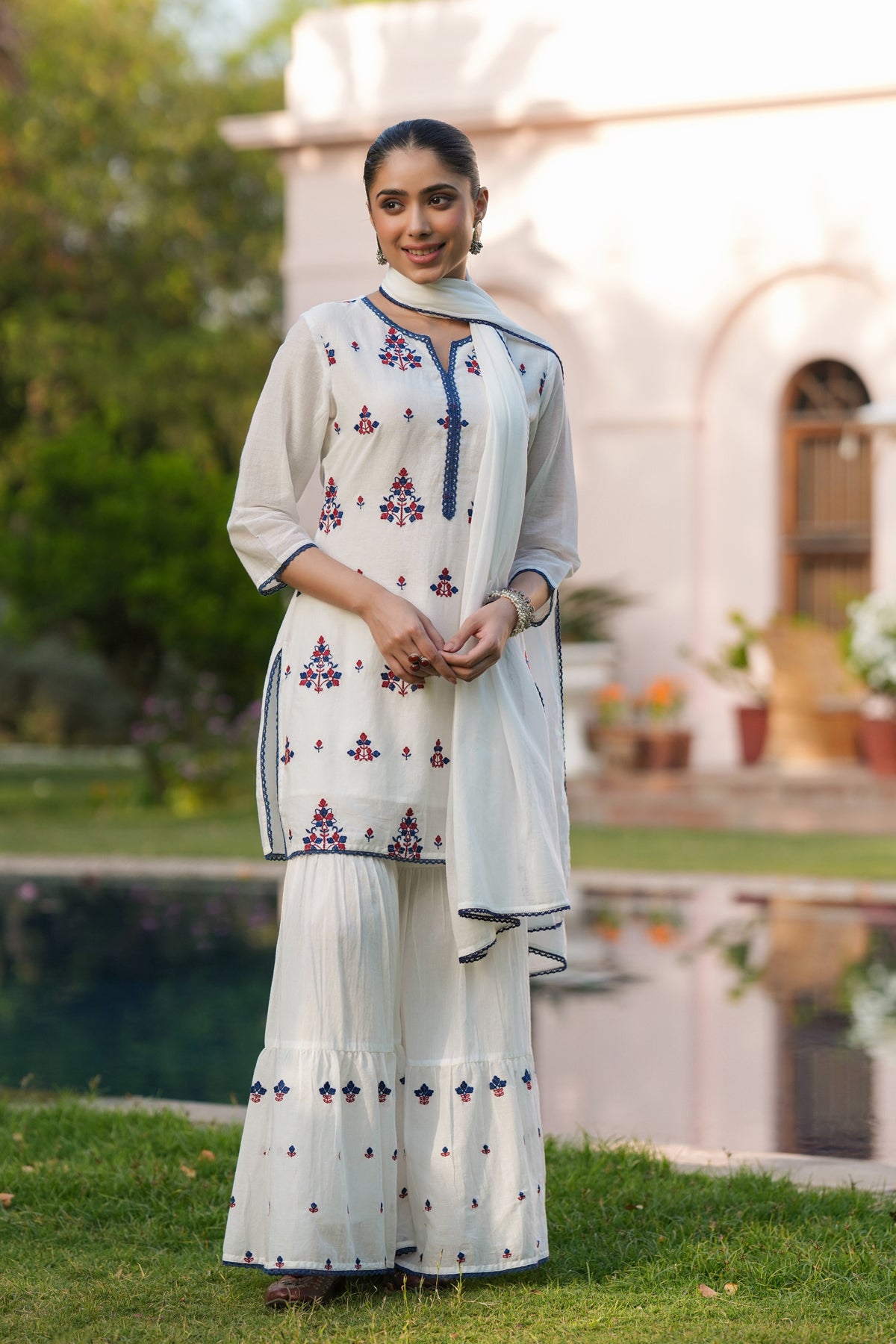 White Mulmul Embroidered Sharara Set