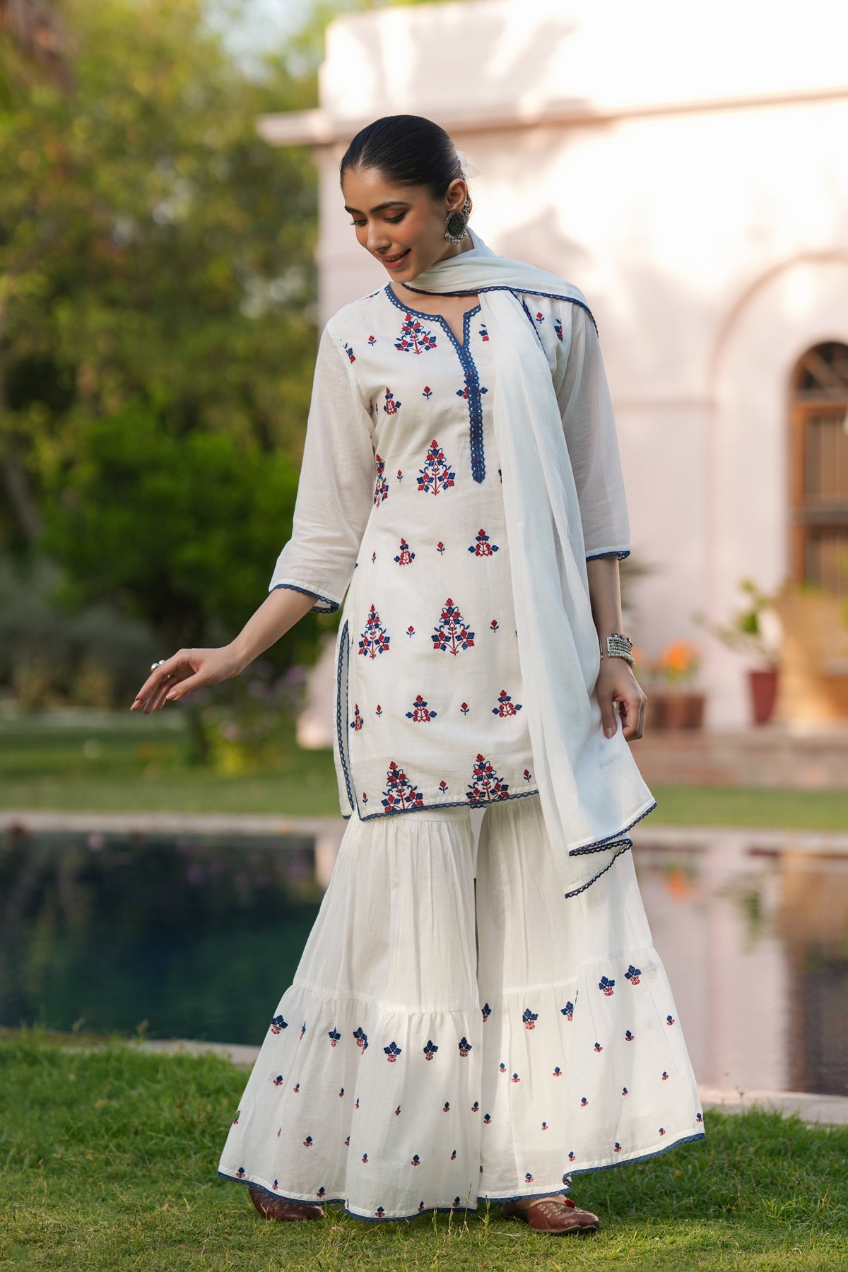 White Mulmul Embroidered Sharara Set
